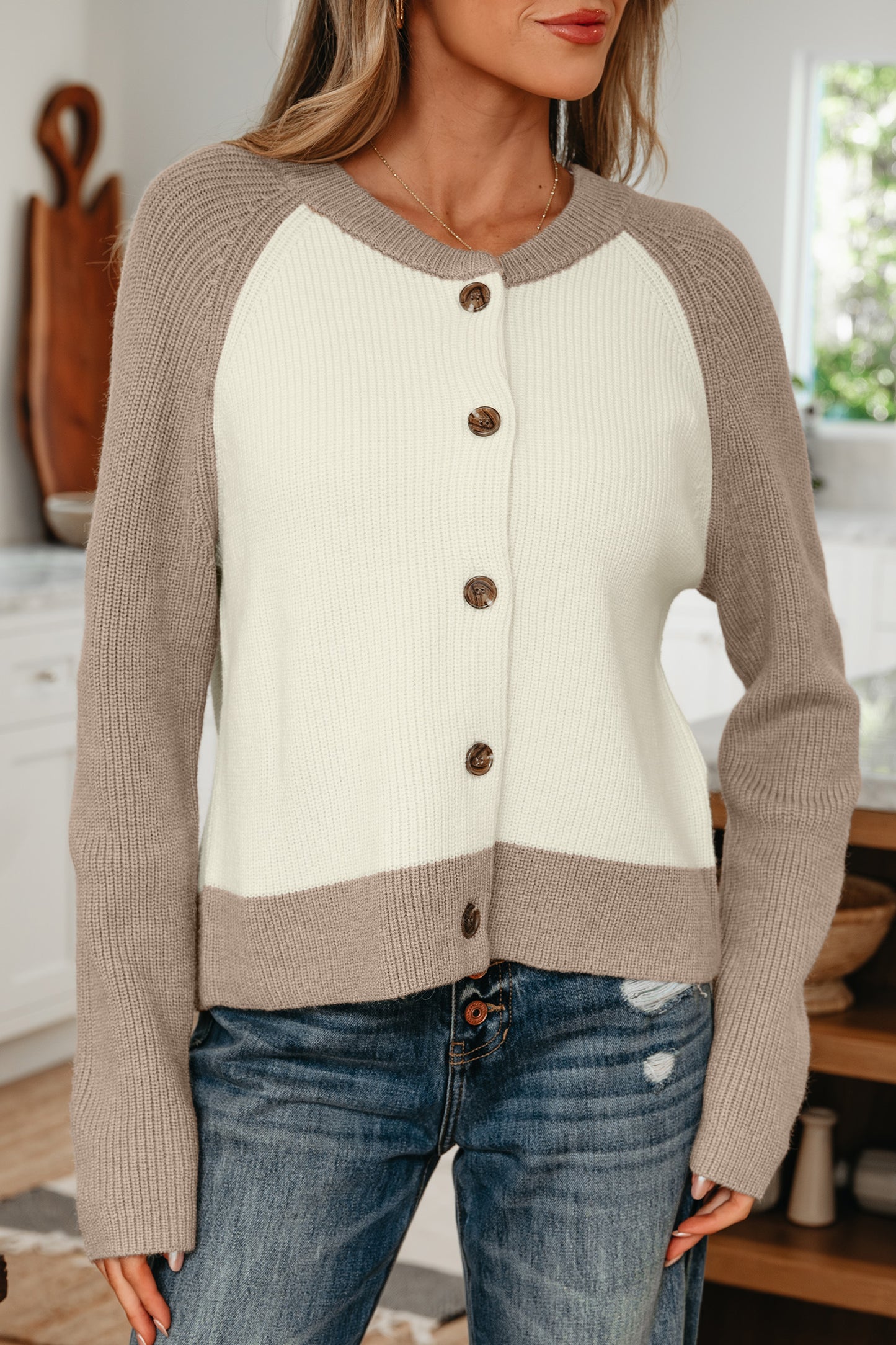 White Color Block Ribbed Knit Button Down Sweater Cardigan-Sweaters & Cardigans/Cardigans-[Adult]-[Female]-2022 Online Blue Zone Planet