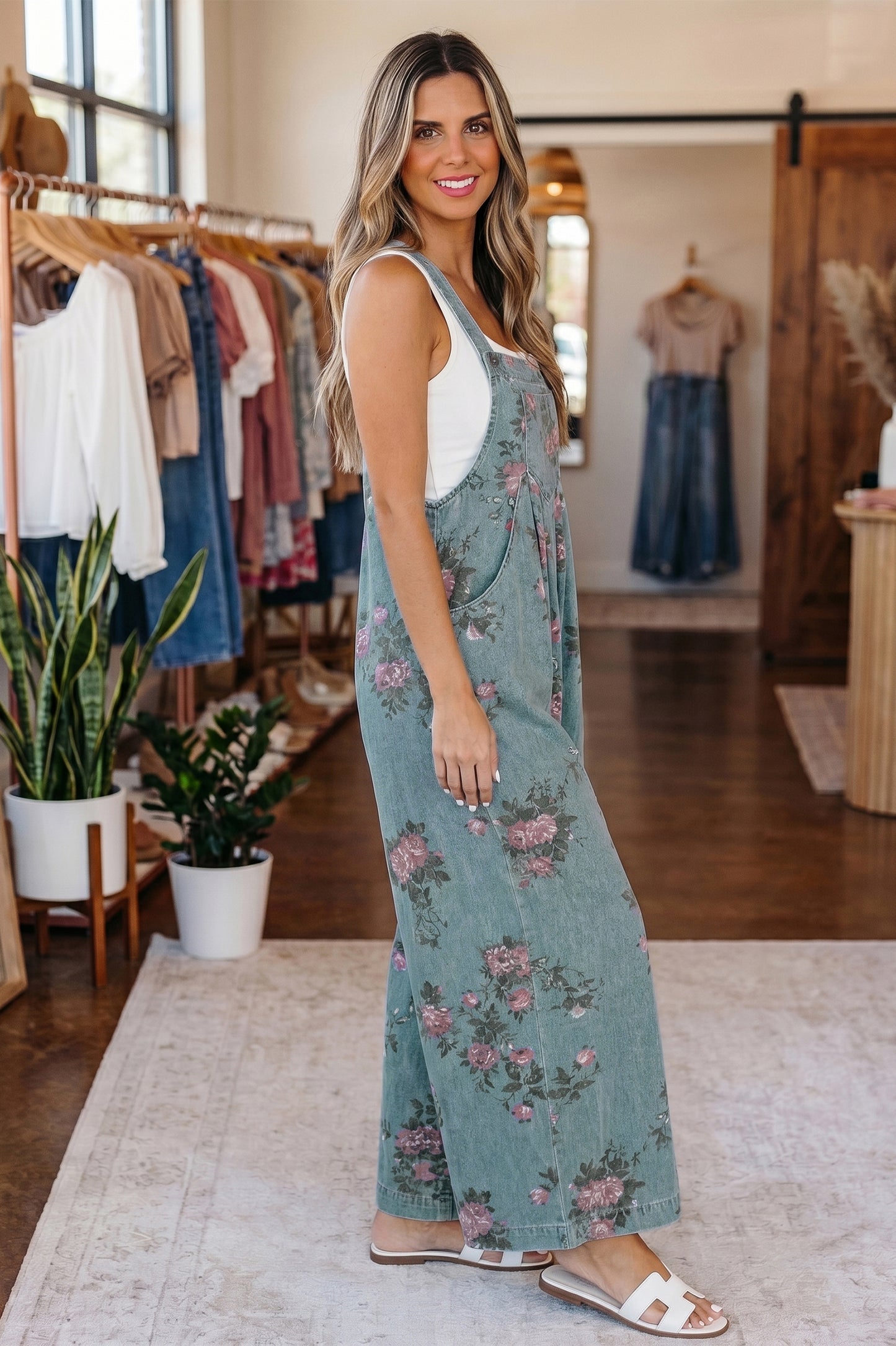 Blue Beau Floral Print Pleated High Waist Wide Leg Denim Jumpsuit-Bottoms/Jumpsuits & Rompers-[Adult]-[Female]-2022 Online Blue Zone Planet