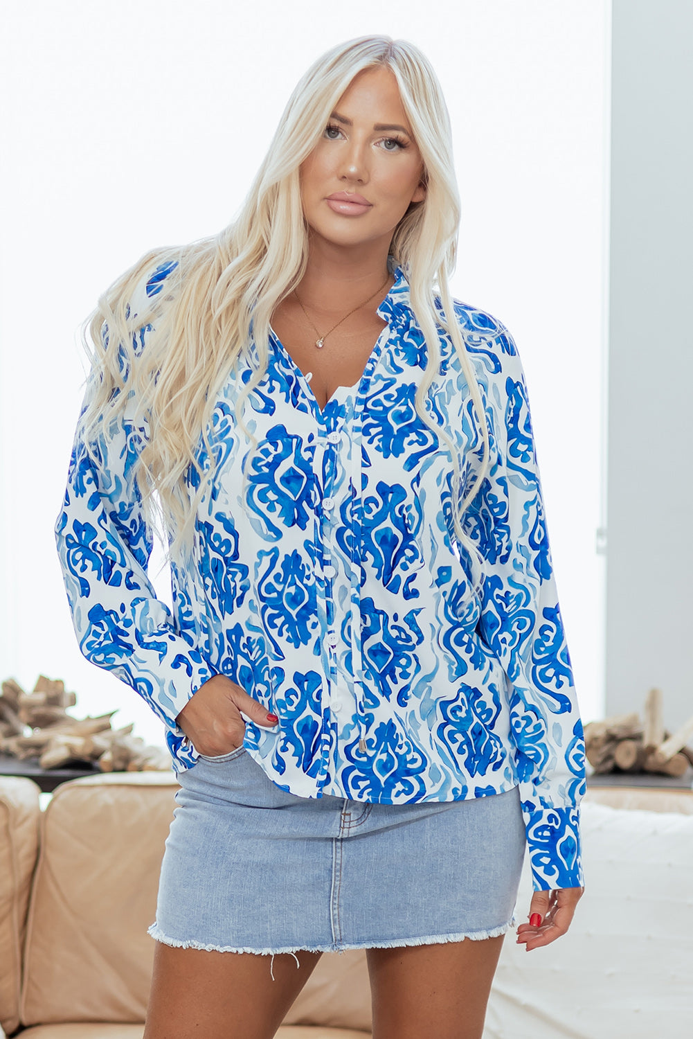 Sky Blue Ethnic Printed Tie Split Neck Button Front Puff Sleeve Shirt-Tops/Blouses & Shirts-[Adult]-[Female]-2022 Online Blue Zone Planet