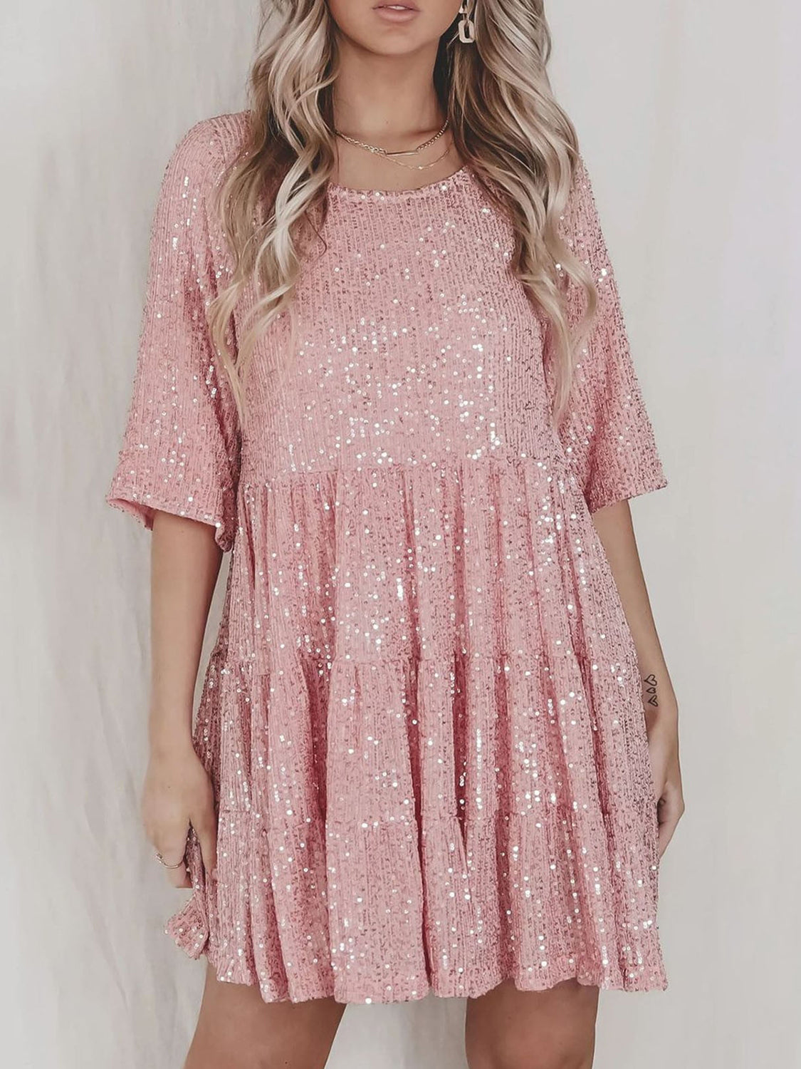 Full Size Sequin Round Neck Half Sleeve Mini Dress-TOPS / DRESSES-[Adult]-[Female]-Dusty Pink-S-2022 Online Blue Zone Planet