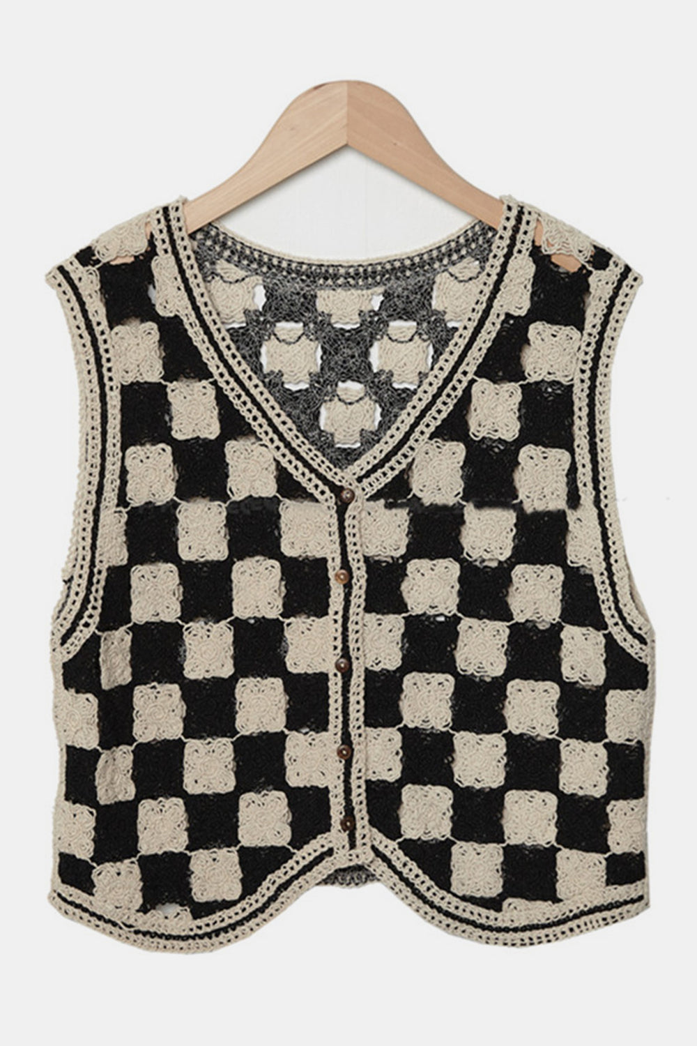 Crochet Checkered V-Neck Button Up Vest-TOPS / DRESSES-[Adult]-[Female]-Beige-One Size-2022 Online Blue Zone Planet