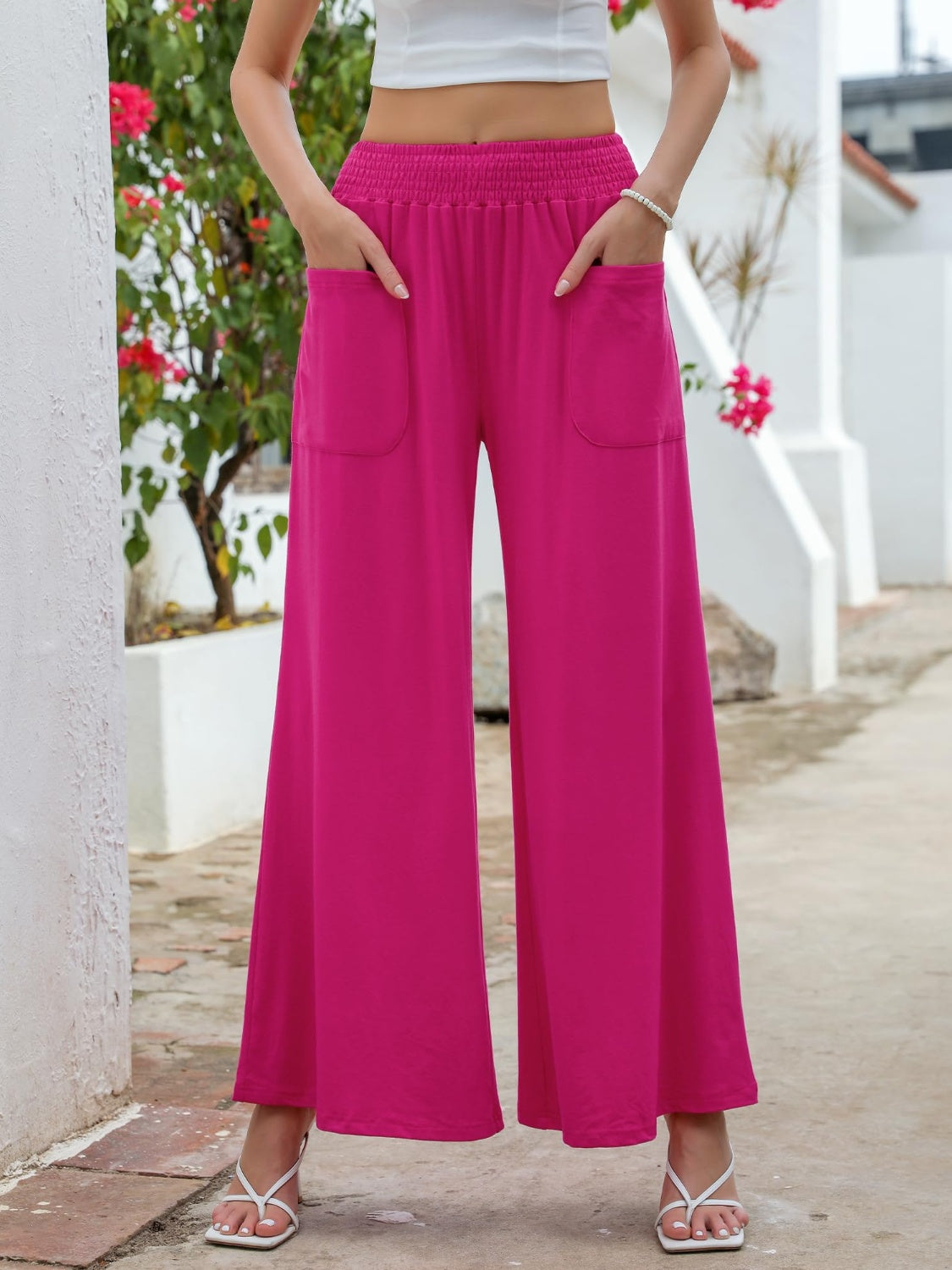 Pocketed Elastic Waist Wide Leg Pants-BOTTOMS SIZES SMALL MEDIUM LARGE-[Adult]-[Female]-Hot Pink-S-2022 Online Blue Zone Planet