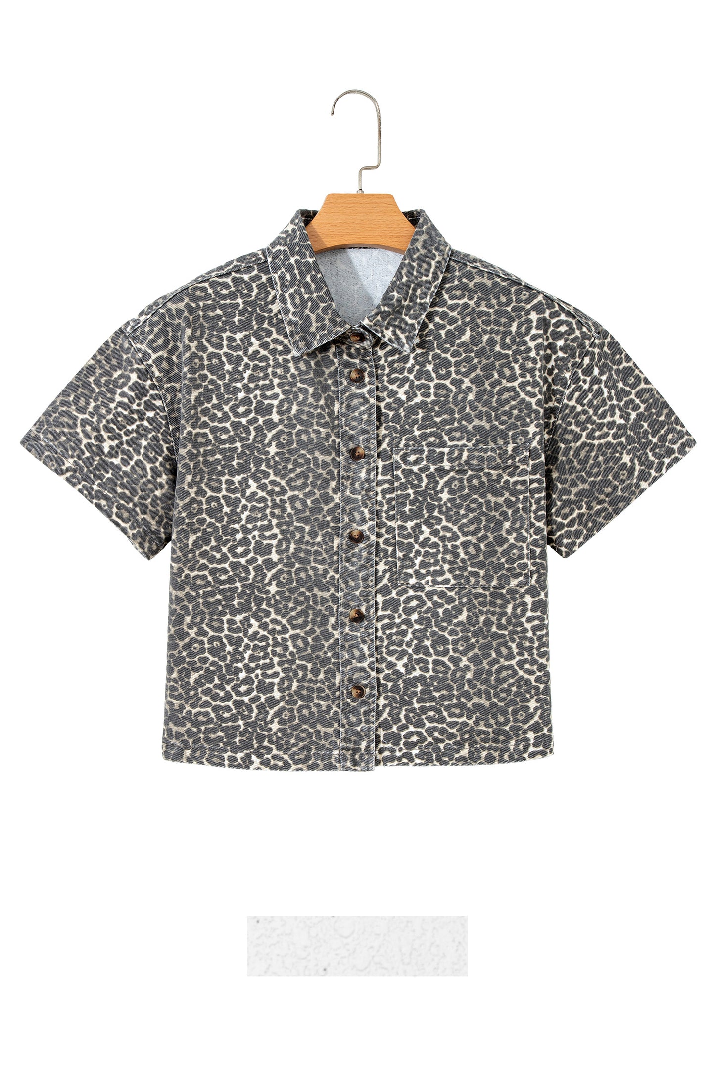 Gray Vintage Leopard Print Short Sleeve Loose Cotton Denim Shirt-Tops/Blouses & Shirts-[Adult]-[Female]-2022 Online Blue Zone Planet