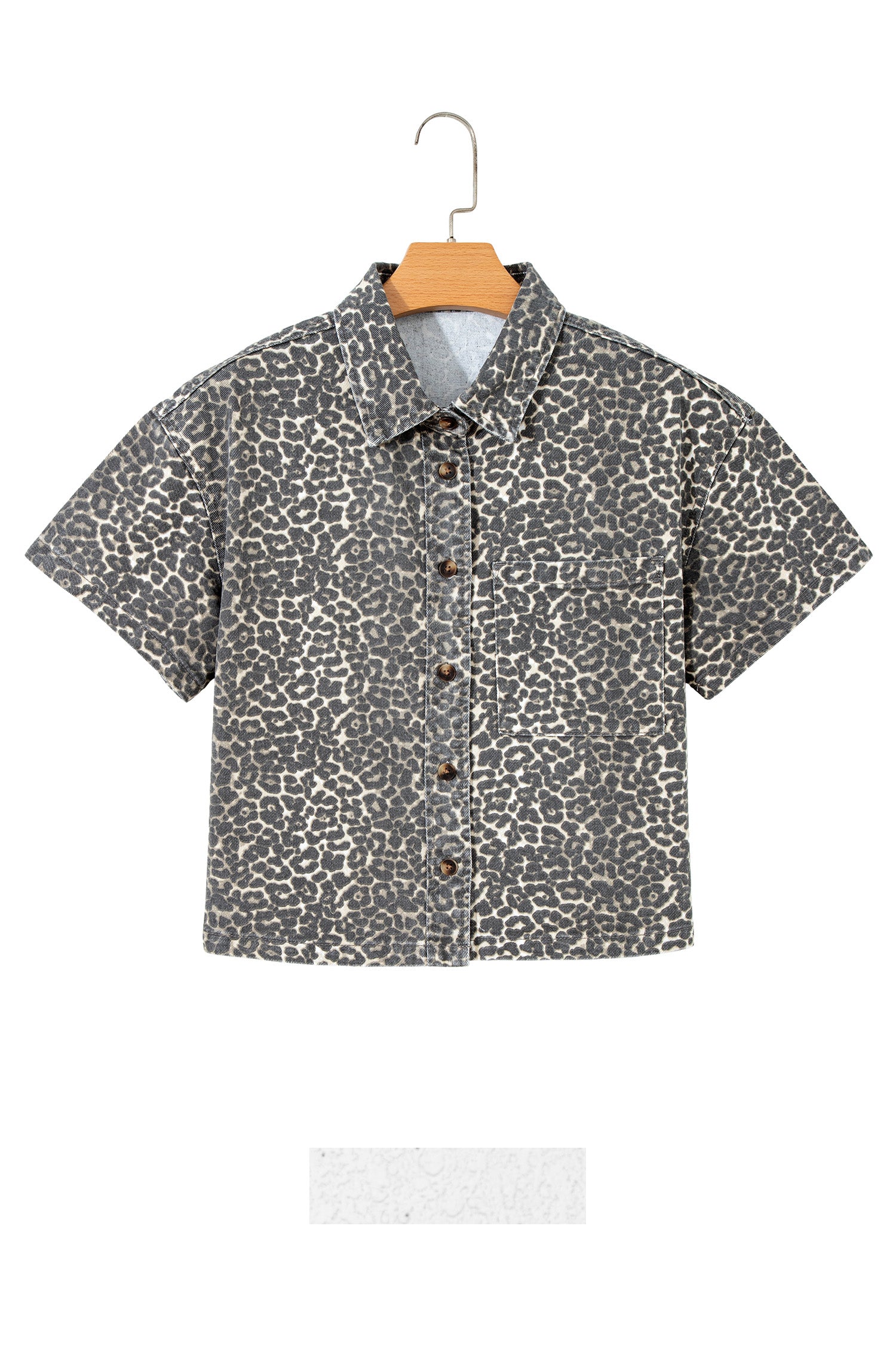 Gray Vintage Leopard Print Short Sleeve Loose Cotton Denim Shirt-Tops/Blouses & Shirts-[Adult]-[Female]-2022 Online Blue Zone Planet