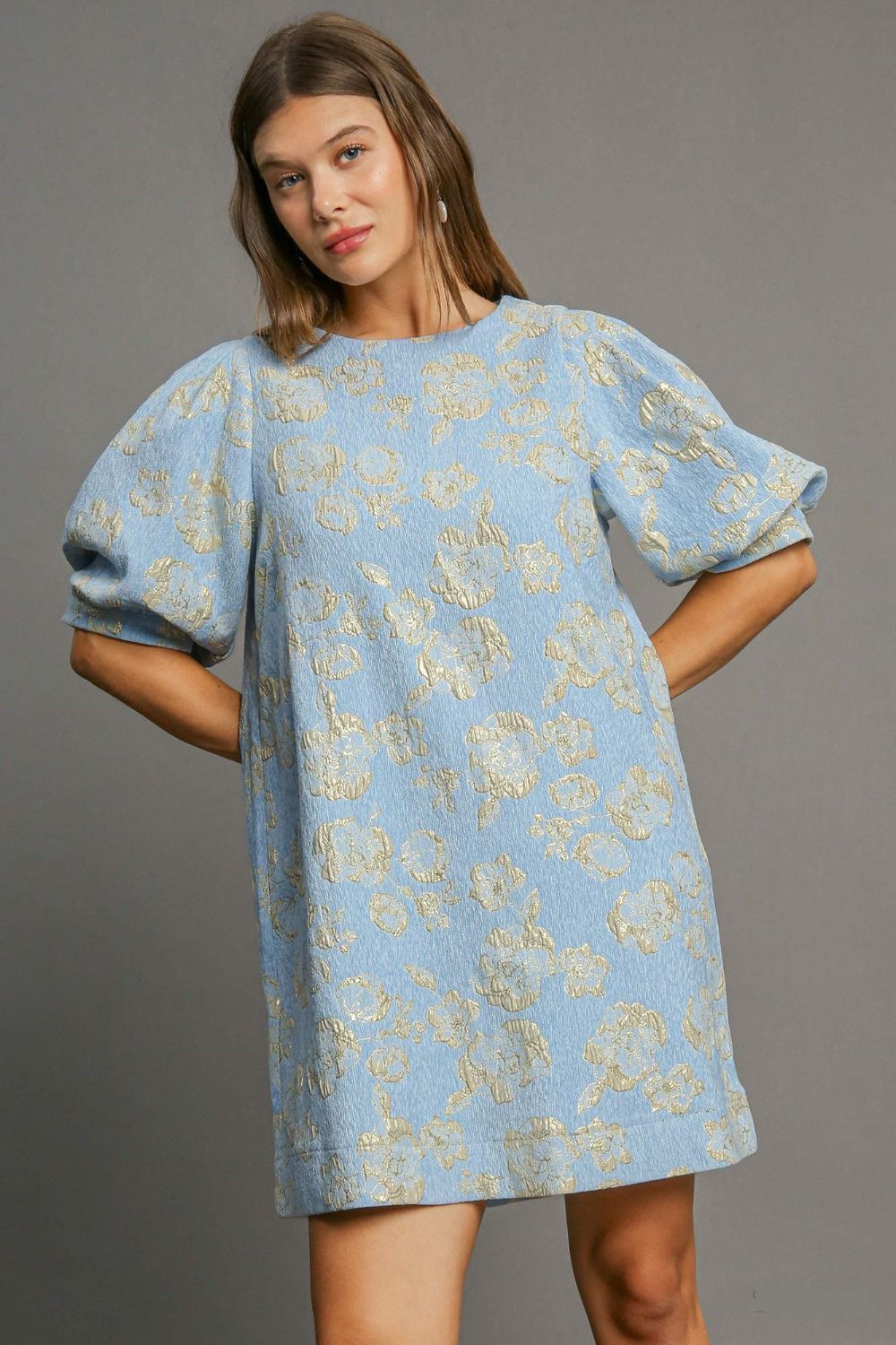 Umgee Floral Jacquard Puff Sleeve Mini Dress-TOPS / DRESSES-[Adult]-[Female]-2022 Online Blue Zone Planet