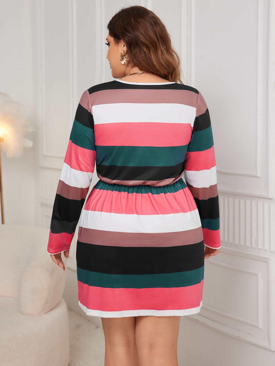 Blue Zone Planet | Plus Size Striped V-Neck Long Sleeve Mini Dress-TOPS / DRESSES-[Adult]-[Female]-2022 Online Blue Zone Planet