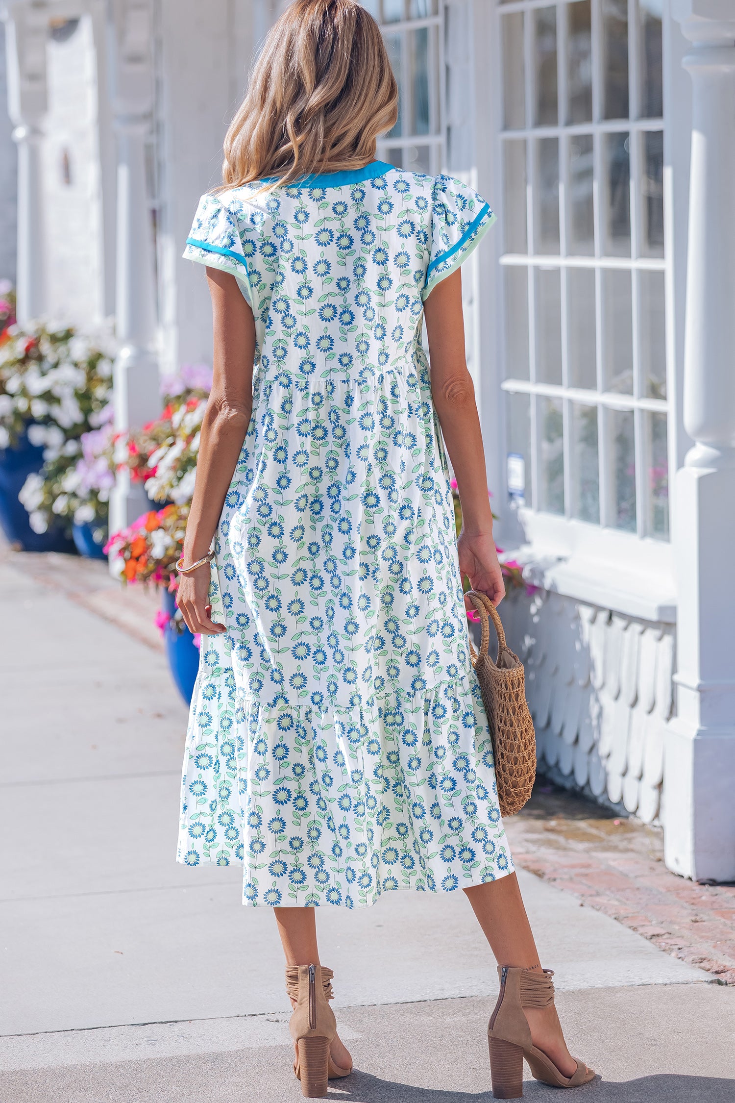 Sky Blue Cute Sunflower Printed Striped Patchwork Trim Flutter Sleeve Long Dress-Dresses/Floral Dresses-[Adult]-[Female]-2022 Online Blue Zone Planet
