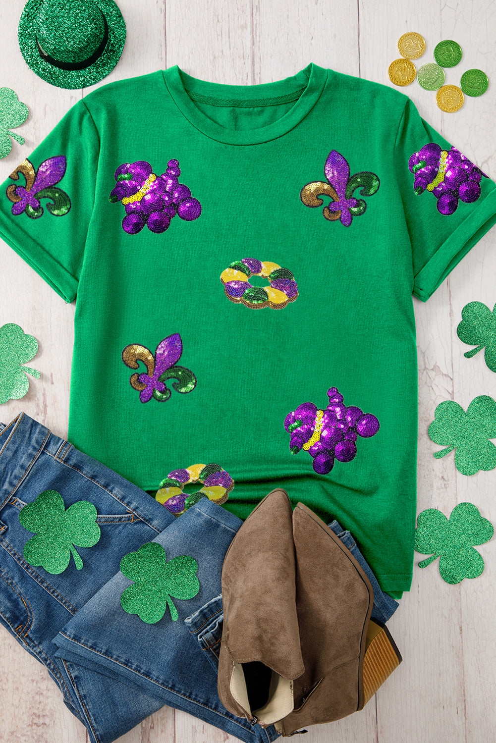 Bright Green Mardi Gras Sequin Patched Graphic Tee-Graphic/Graphic Tees-[Adult]-[Female]-2022 Online Blue Zone Planet