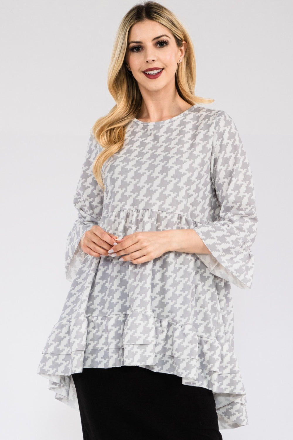 Celeste Full Size Houndstooth Flounce Sleeve High-Low Top-TOPS / DRESSES-[Adult]-[Female]-Grey-S-2022 Online Blue Zone Planet