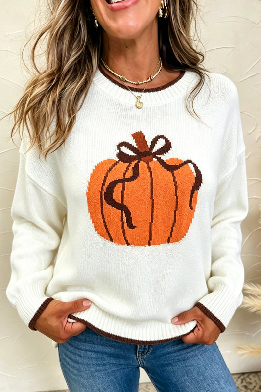 Chicory Coffee Fall Pumpkin Pattern Casual Pullover Sweater-Sweaters & Cardigans/Sweaters-[Adult]-[Female]-Chicory Coffee-S-2022 Online Blue Zone Planet