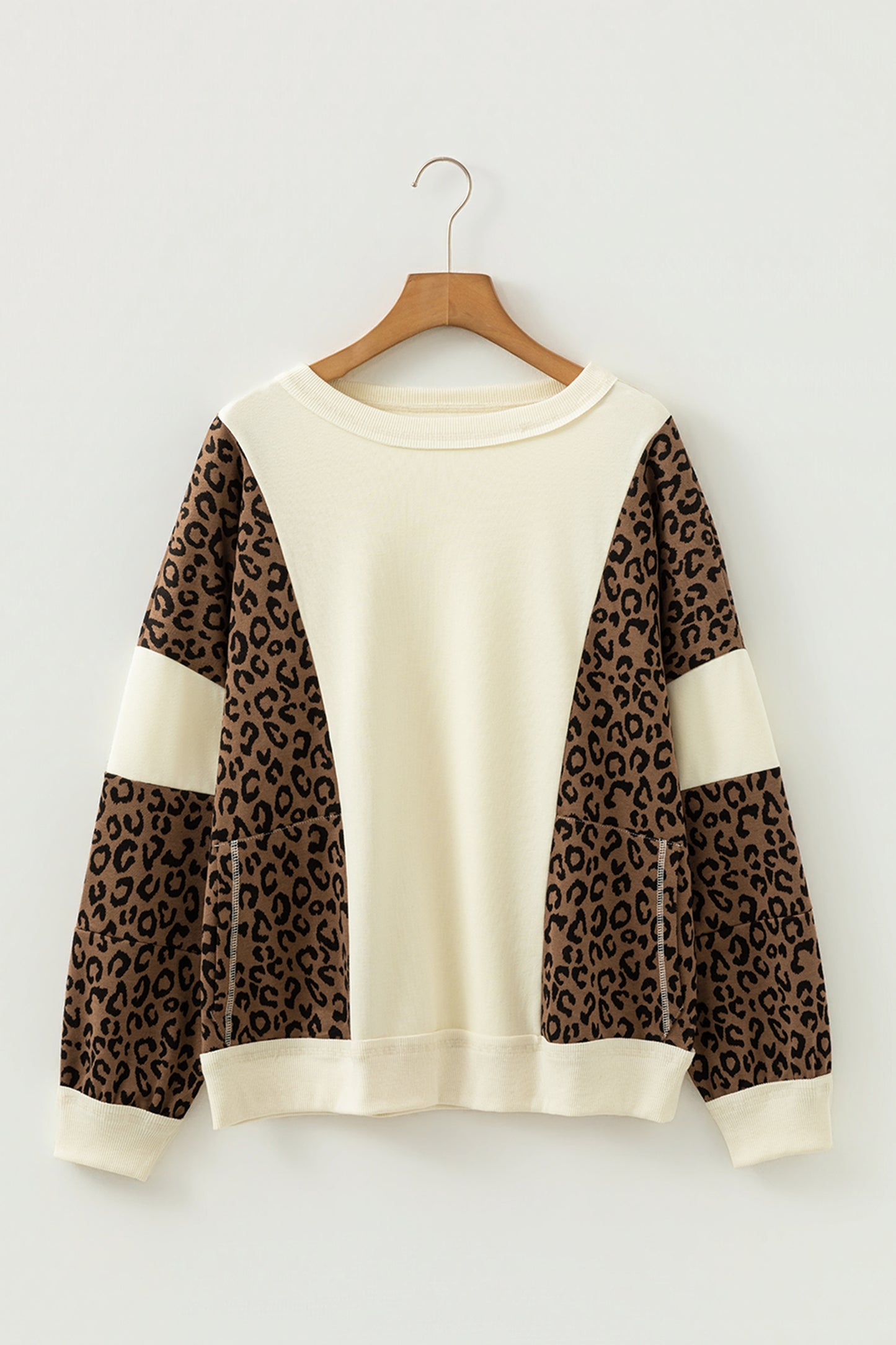 Beige Raw Seam Color Block Leopard Patchwork Baggy Long Sleeve Top-Tops/Long Sleeve Tops-[Adult]-[Female]-2022 Online Blue Zone Planet