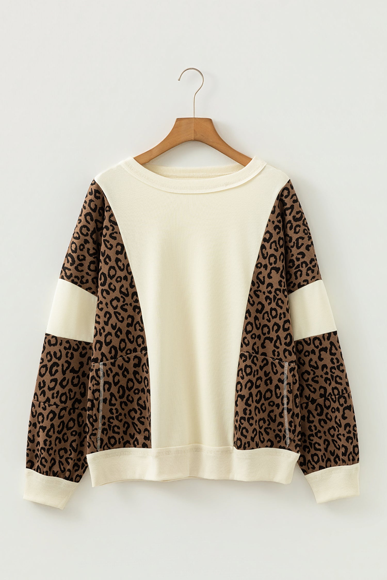 Beige Raw Seam Color Block Leopard Patchwork Baggy Long Sleeve Top-Tops/Long Sleeve Tops-[Adult]-[Female]-2022 Online Blue Zone Planet