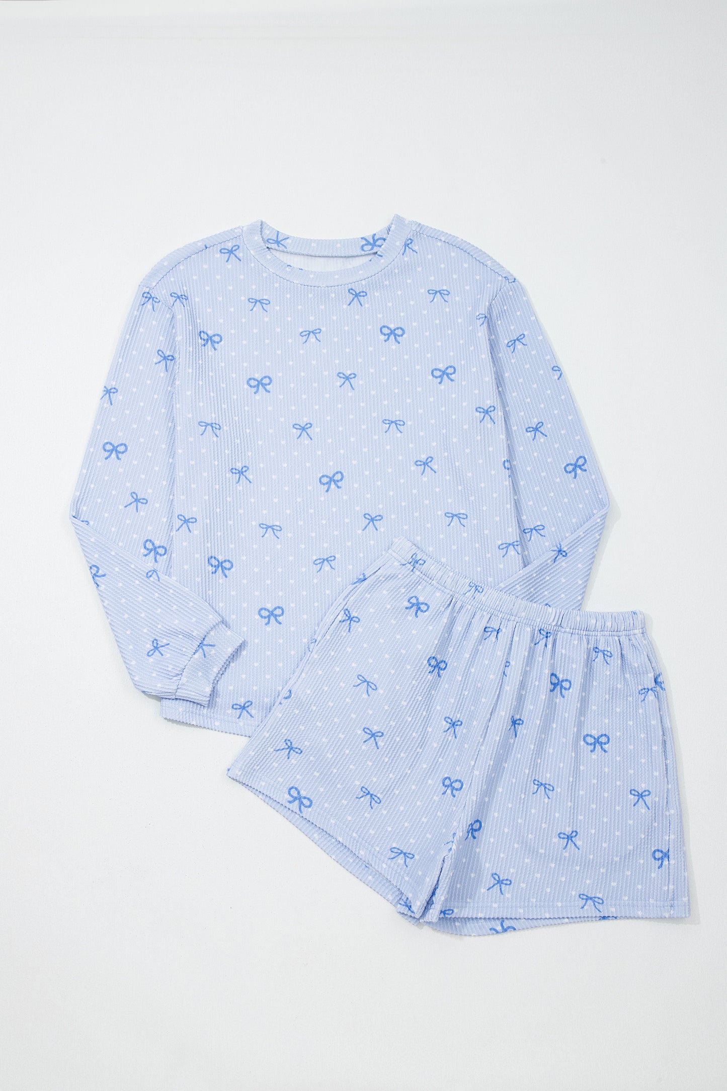 Sky Blue Valentines Bow Print Twisted Rib Loose Long Sleeve Top 2pcs Short Set-Two Piece Sets/Short Sets-[Adult]-[Female]-2022 Online Blue Zone Planet