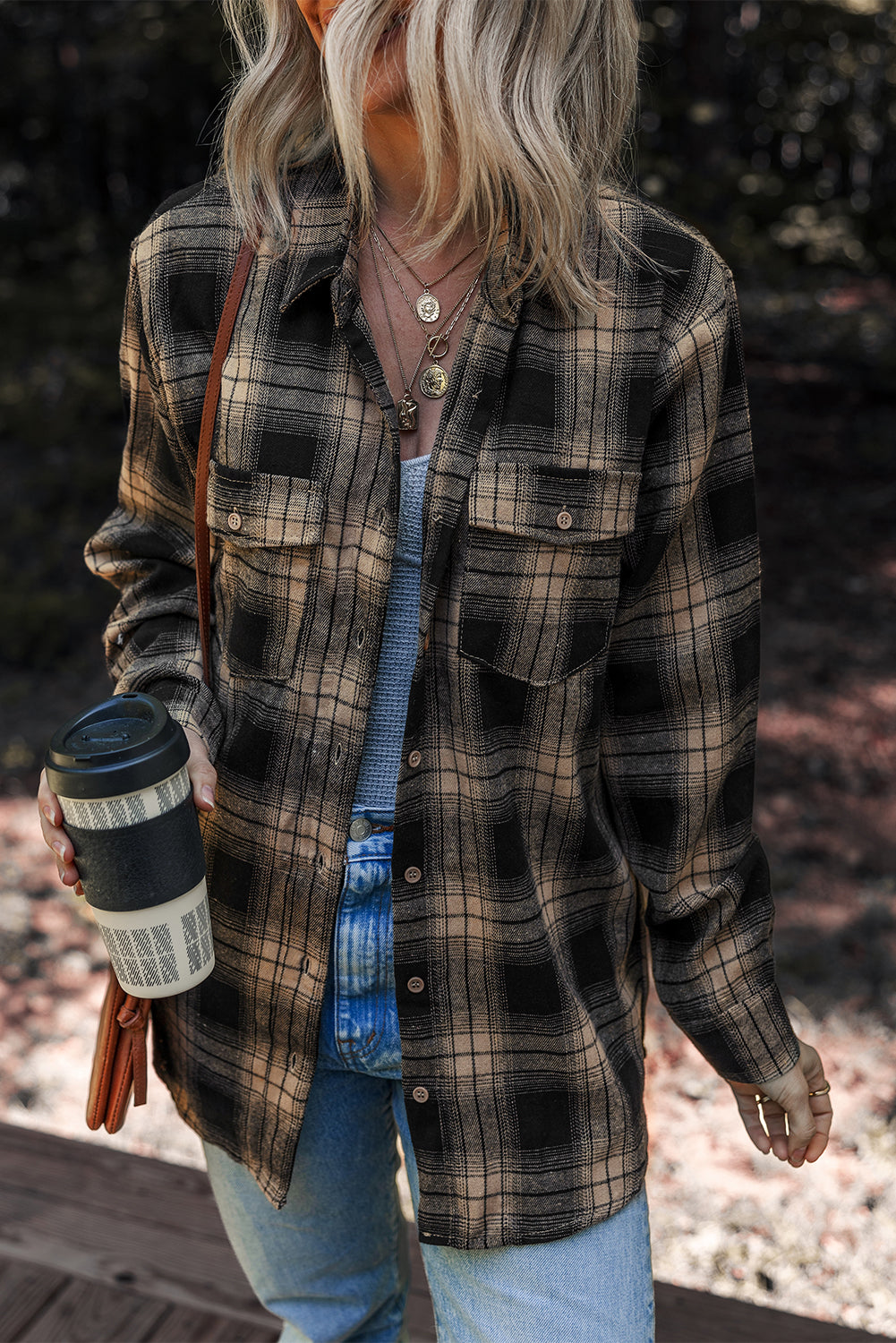 Multicolour Retro Plaid Double Flap Pocket Brushed Shacket-Outerwear/Plaid Shackets-[Adult]-[Female]-Multicolour-S-2022 Online Blue Zone Planet