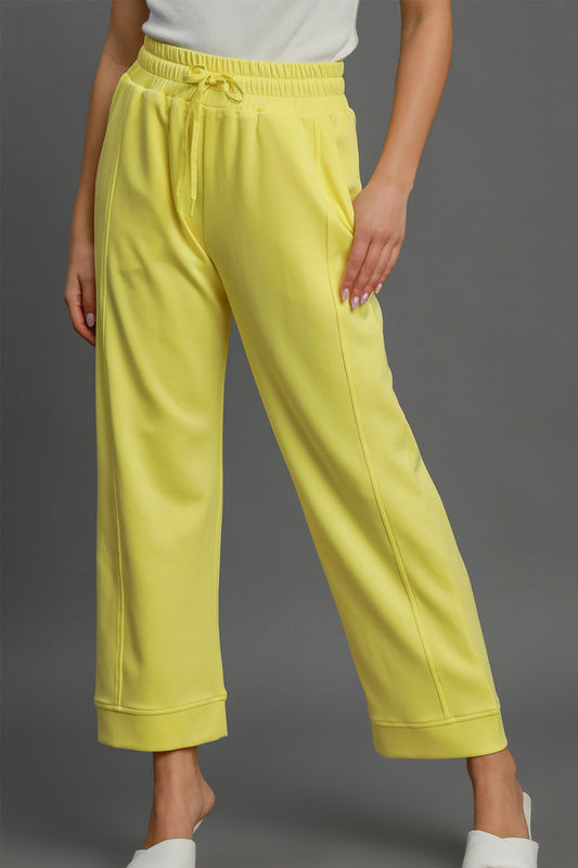 Umgee Drawstring Elastic Waist Wide Leg Pants-BOTTOMS SIZES SMALL MEDIUM LARGE-[Adult]-[Female]-Yellow-S-2022 Online Blue Zone Planet