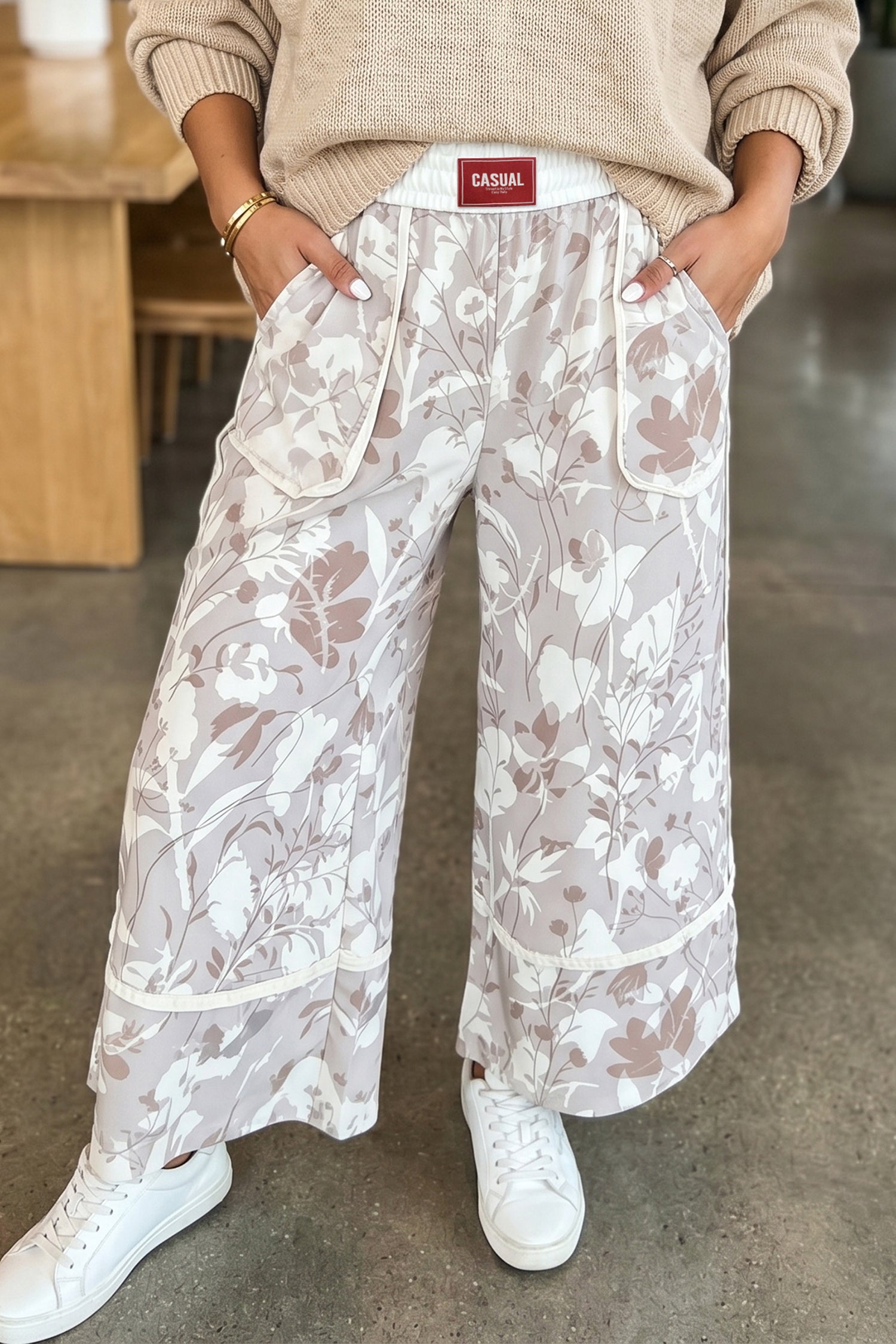 Gray Floral Print Wide Leg Ankle-Length Elastic Waistband Pants-Bottoms/Pants & Culotte-[Adult]-[Female]-Gray-S-2022 Online Blue Zone Planet