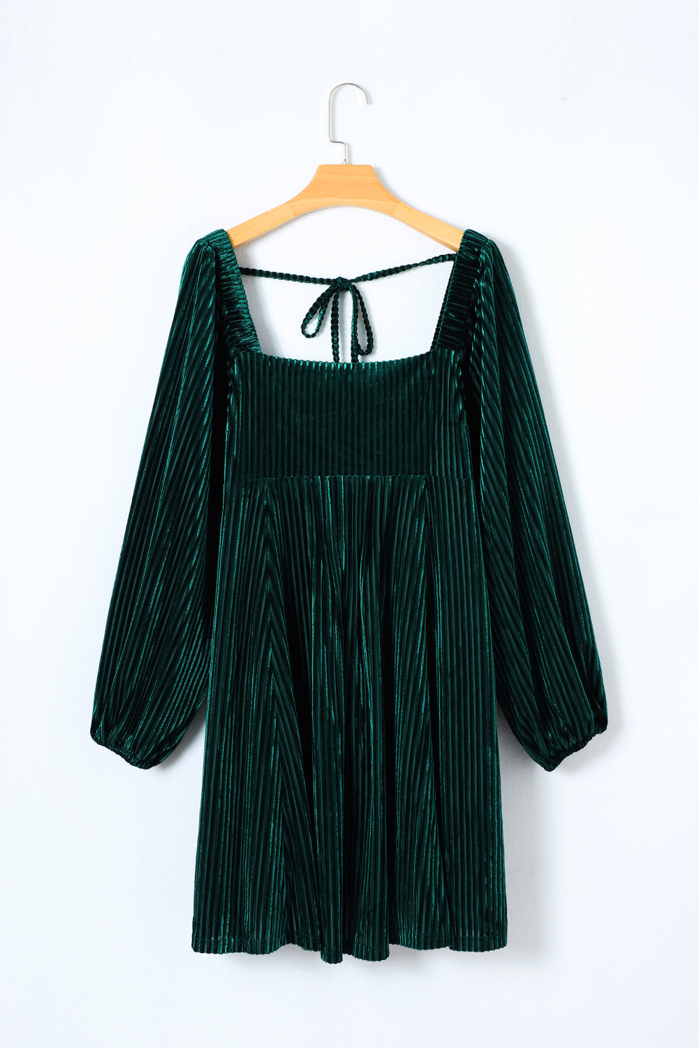 Zone Planet | Green Tie Back Square Neck Velvet Babydoll Dress