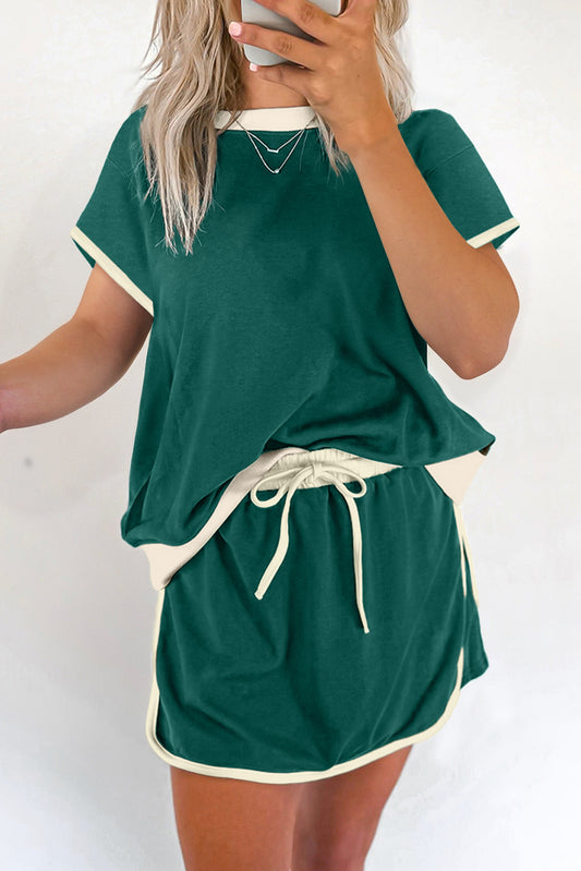 Evergreen Colorblock Edge Drop Shoulder T Shirt and Skirt 2Pcs Set-Two Piece Sets/Two Piece Dresses-[Adult]-[Female]-Evergreen-S-2022 Online Blue Zone Planet