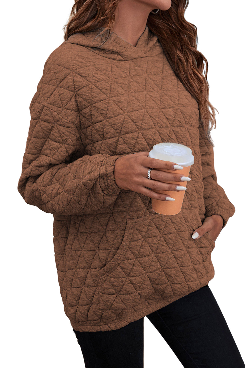 Blue Zone Planet |  Coffee Solid Color Quilted Kangaroo Pocket Hoodie Blue Zone Planet