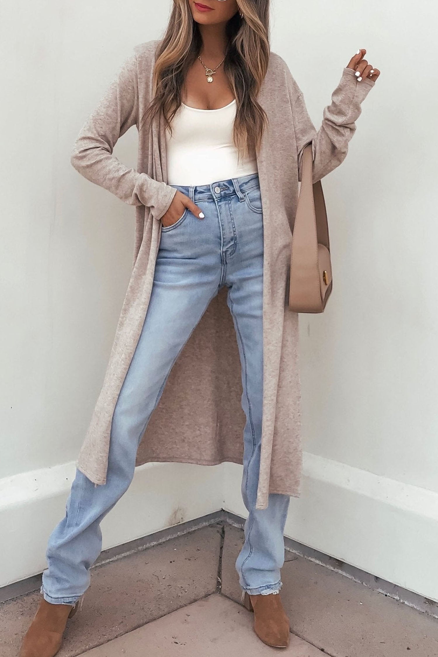 Parchment Solid Color Long Sleeve Casual Tunic Shift Cardigan-Sweaters & Cardigans/Cardigans-[Adult]-[Female]-Parchment-S-2022 Online Blue Zone Planet
