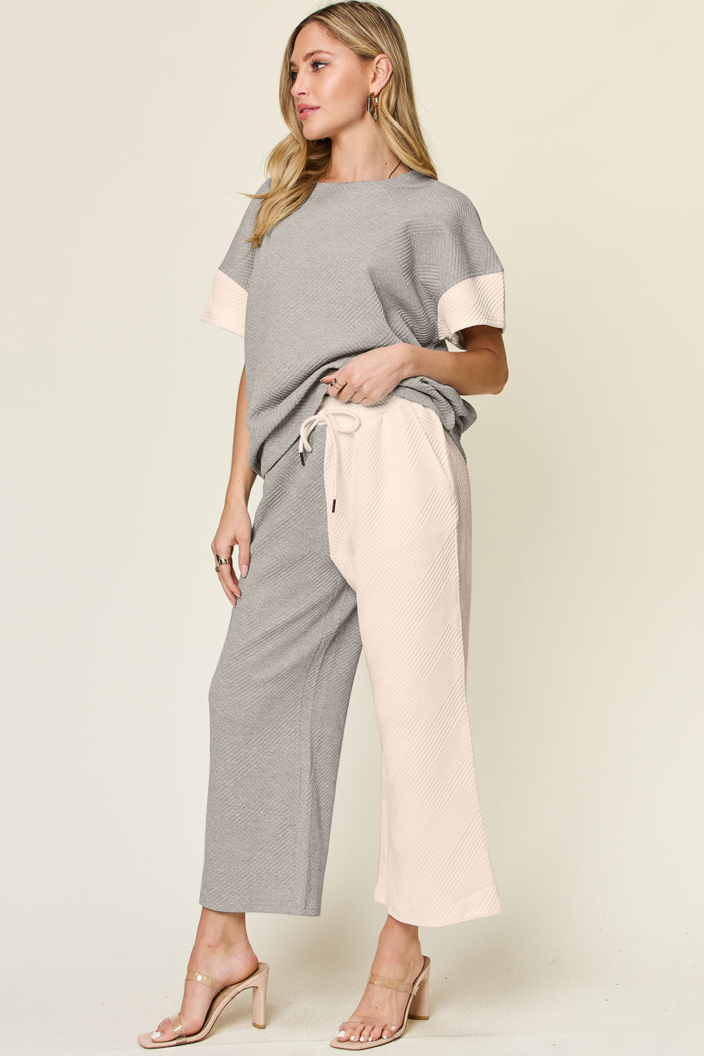 Double Take Full Size Texture Contrast T-Shirt and Wide Leg Pants Set-TOPS / DRESSES-[Adult]-[Female]-2022 Online Blue Zone Planet