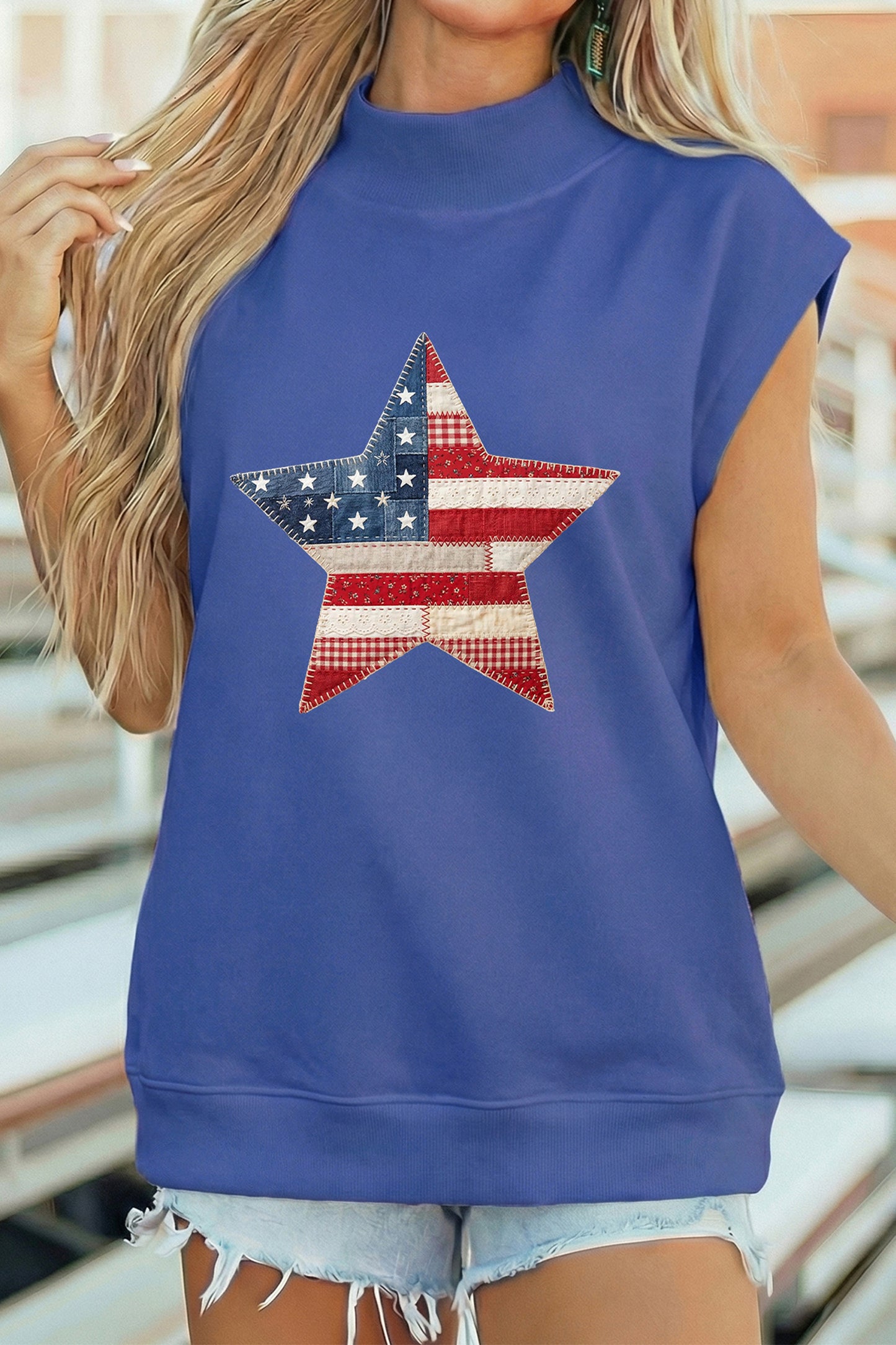 Sky Blue Faux Patchwork Patriotic Star Printed High Neck Top-Graphic/Graphic Tees-[Adult]-[Female]-2022 Online Blue Zone Planet