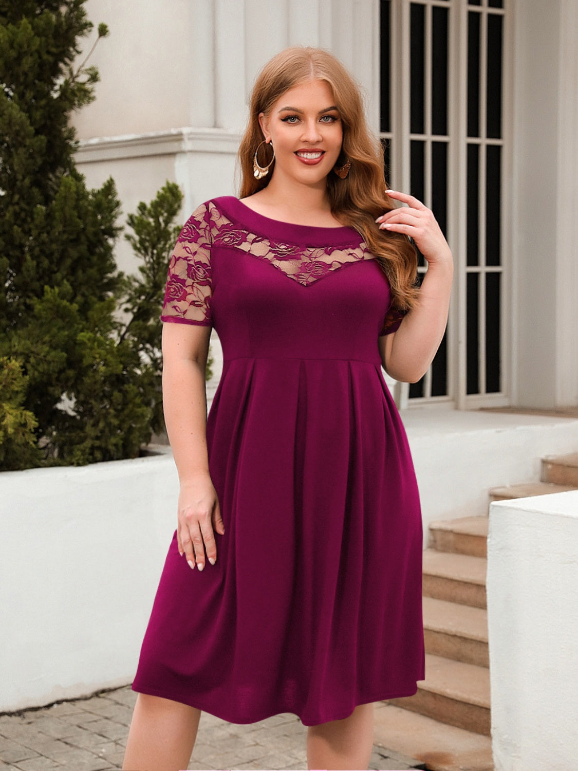 Plus Size Ruched Round Neck Short Sleeve Dress-TOPS / DRESSES-[Adult]-[Female]-Hot Pink-1XL-2022 Online Blue Zone Planet