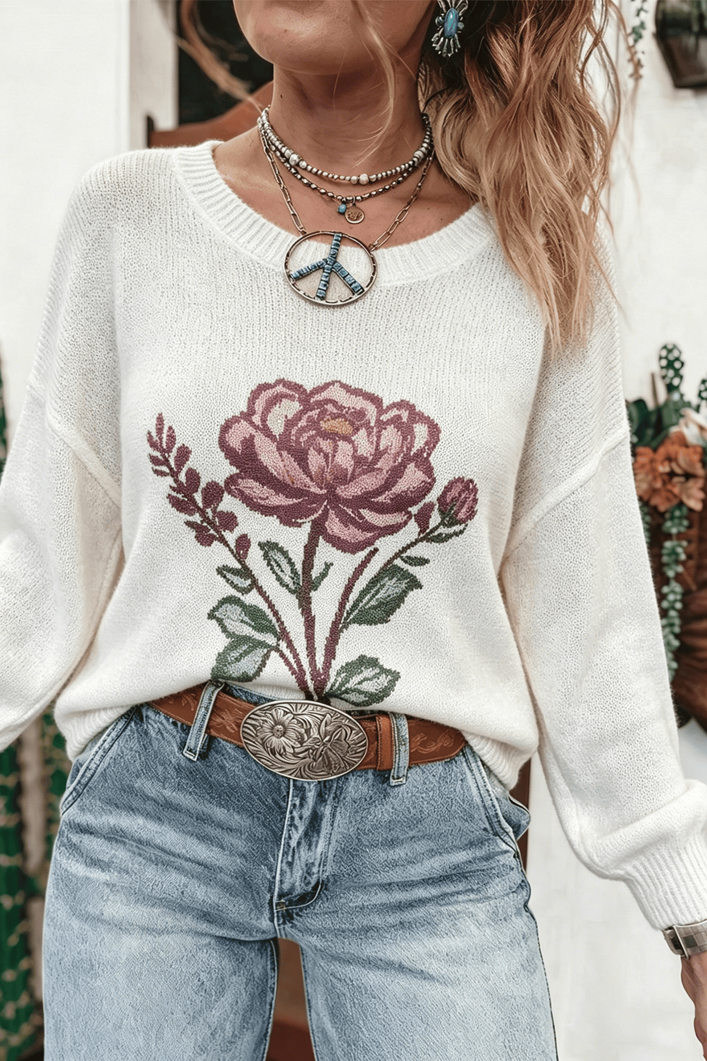 White Western Floral Dropped Shoulder Lightweight Knit Sweater