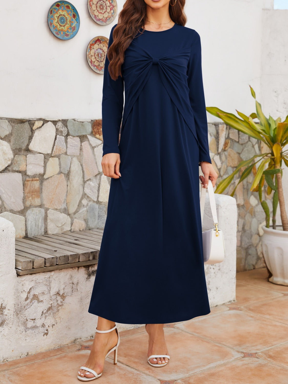 Twisted Round Neck Long Sleeve Dress-TOPS / DRESSES-[Adult]-[Female]-Navy-S-2022 Online Blue Zone Planet