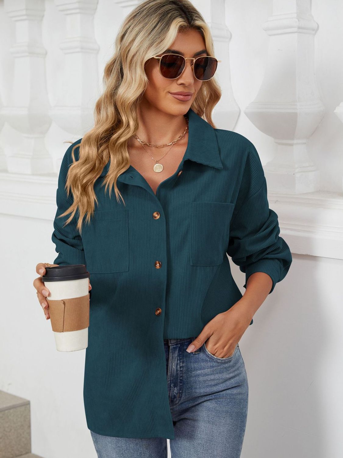 Blue Zone Planet | Button Up Long Sleeve Shirt with Breast Pockets-TOPS / DRESSES-[Adult]-[Female]-Deep Teal-S-2022 Online Blue Zone Planet