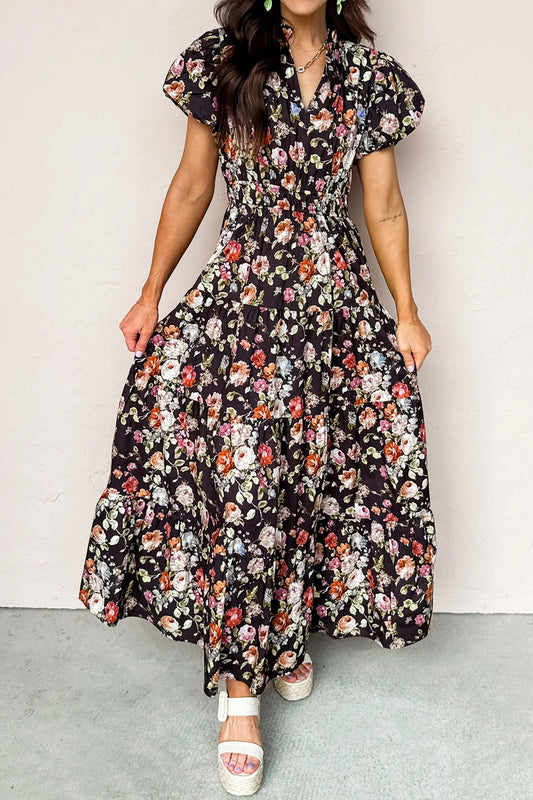 Black Floral Print V Neck Pleated Tiered Maxi Dress-TOPS / DRESSES-[Adult]-[Female]-Black-S-2022 Online Blue Zone Planet