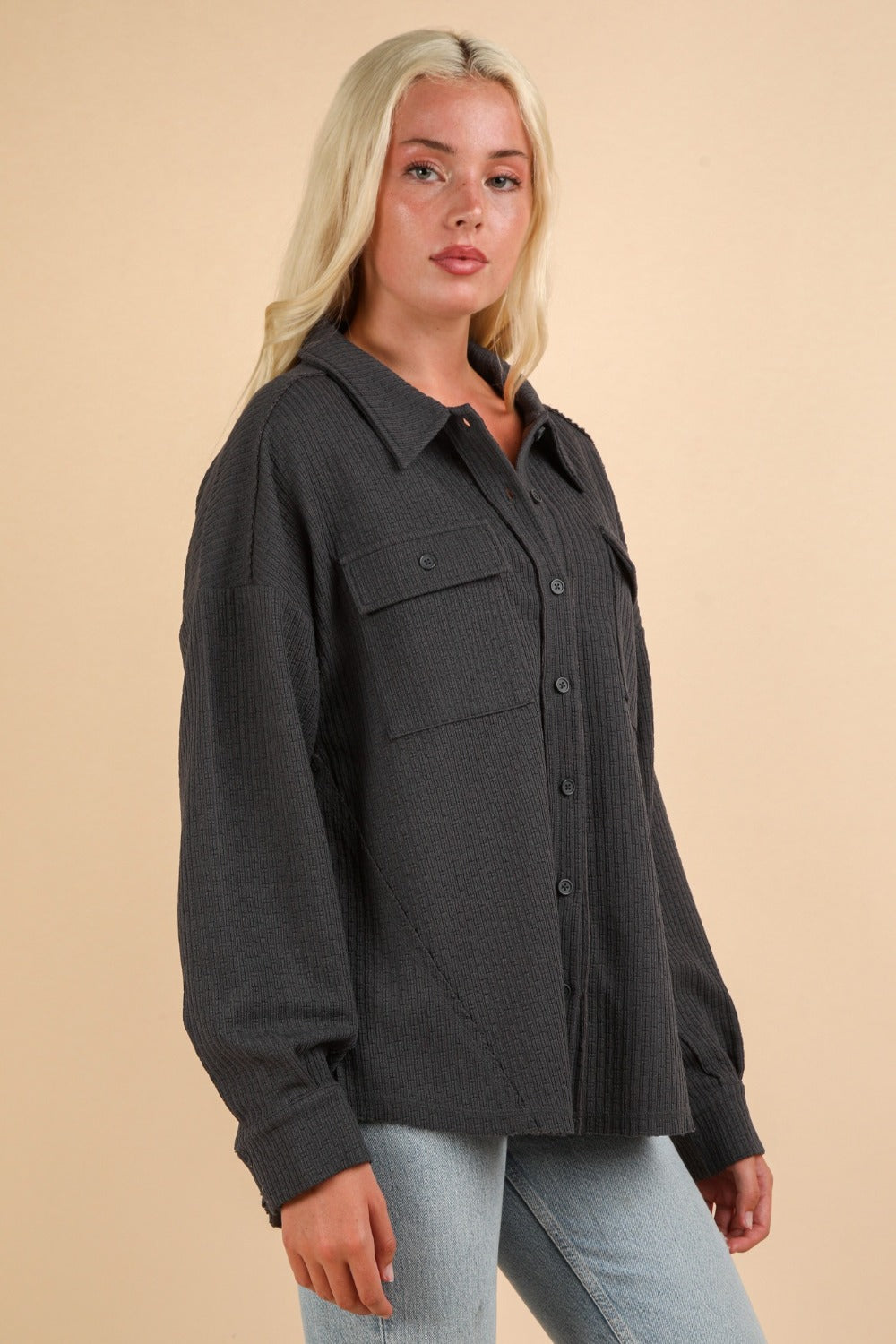 Blue Zone Planet | VERY J Button Down Textured Knit Shacket-TOPS / DRESSES-[Adult]-[Female]-2022 Online Blue Zone Planet