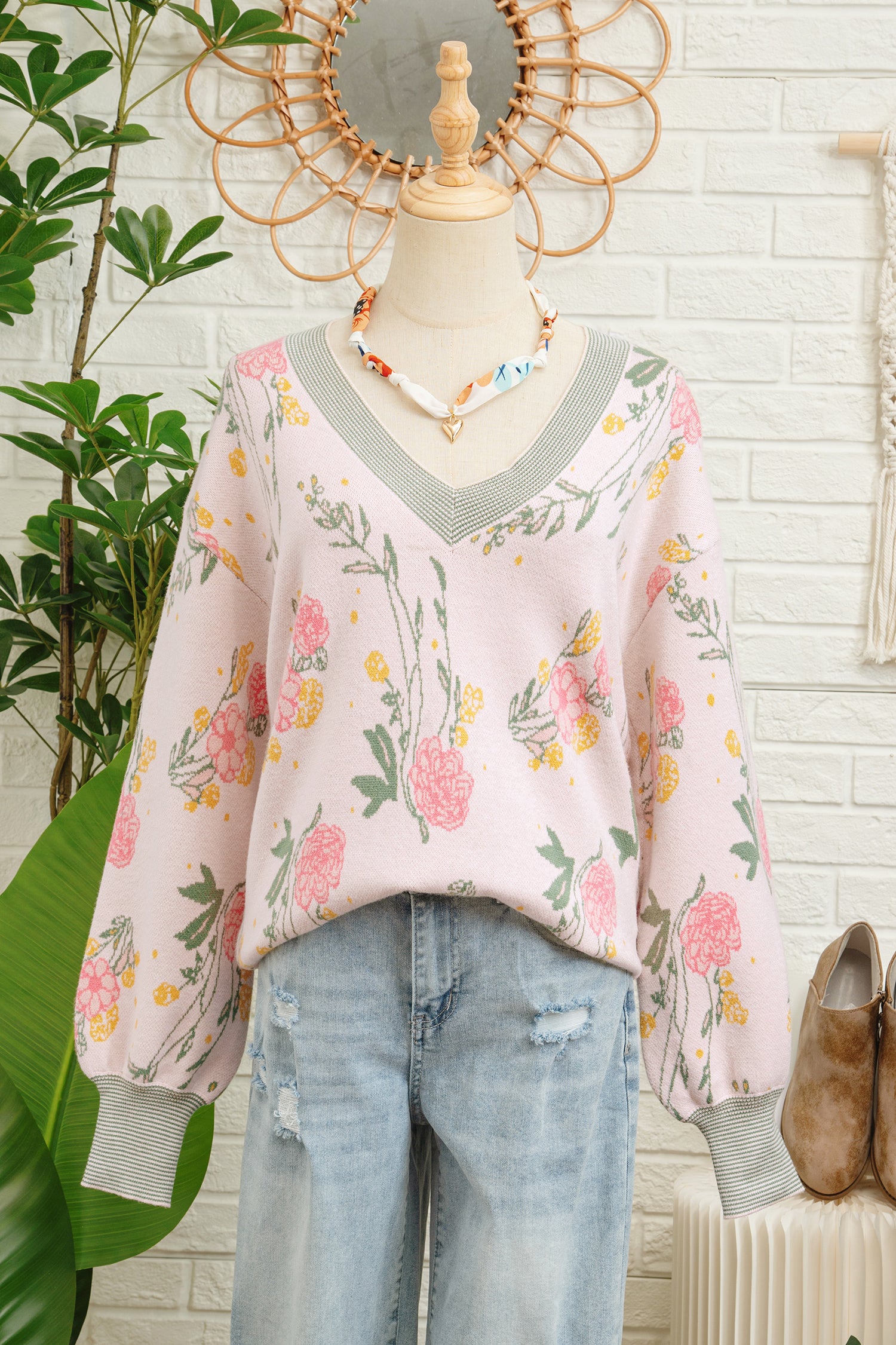Pink Floral Pattern Striped V Neck Loose Sweater-TOPS / DRESSES-[Adult]-[Female]-2022 Online Blue Zone Planet