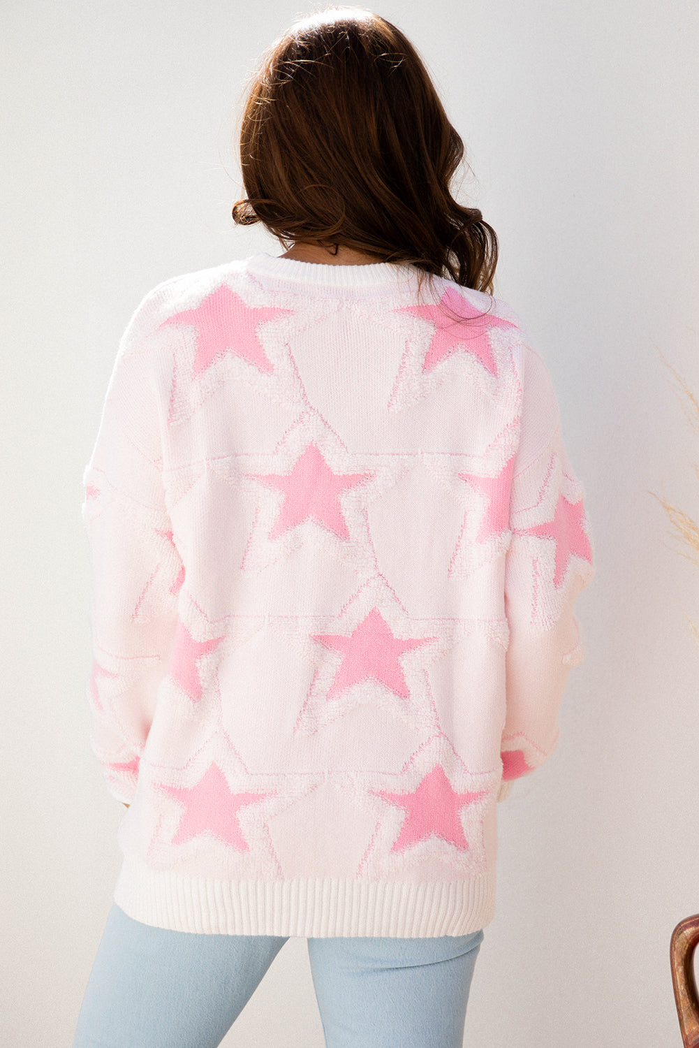Sachet Pink Oversized Cute Star Pattern Ribbed Edge Drop Shoulder Sweater-TOPS / DRESSES-[Adult]-[Female]-2022 Online Blue Zone Planet