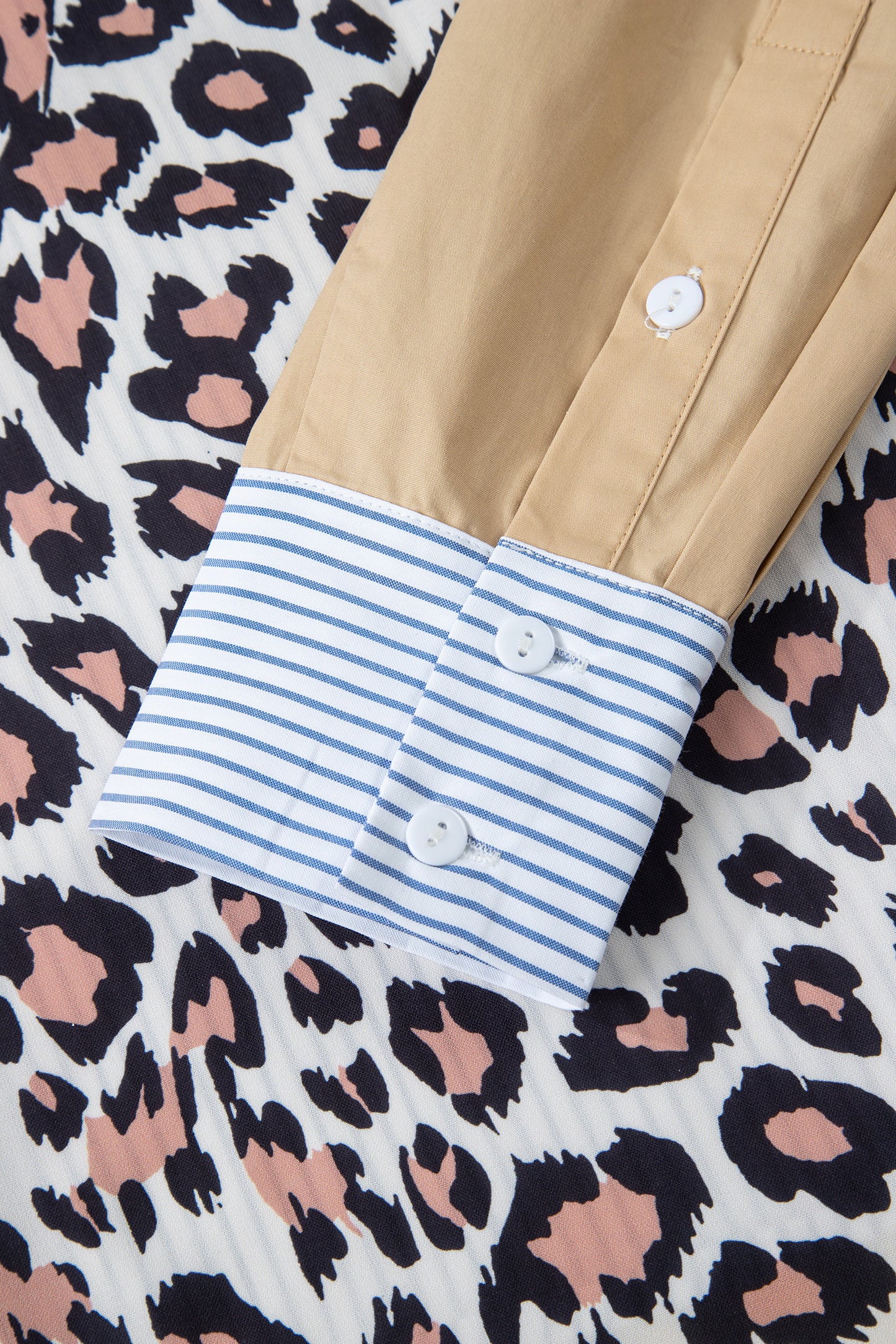 Sky Blue Stripe Colorblock Leopard Patchwork Chest Pocket Cuffed Sleeve Shirt-Tops/Blouses & Shirts-[Adult]-[Female]-2022 Online Blue Zone Planet