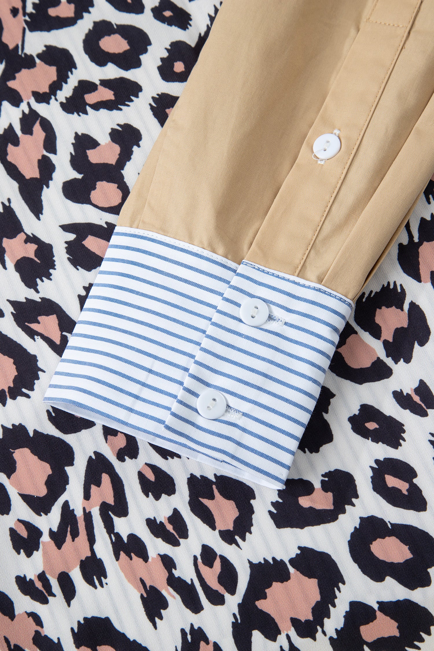 Sky Blue Stripe Colorblock Leopard Patchwork Chest Pocket Cuffed Sleeve Shirt-Tops/Blouses & Shirts-[Adult]-[Female]-2022 Online Blue Zone Planet