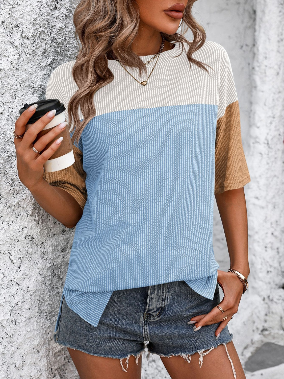 Mandy Color Block Round Neck Half Sleeve T-Shirt-TOPS / DRESSES-[Adult]-[Female]-White/Blue-S-2022 Online Blue Zone Planet