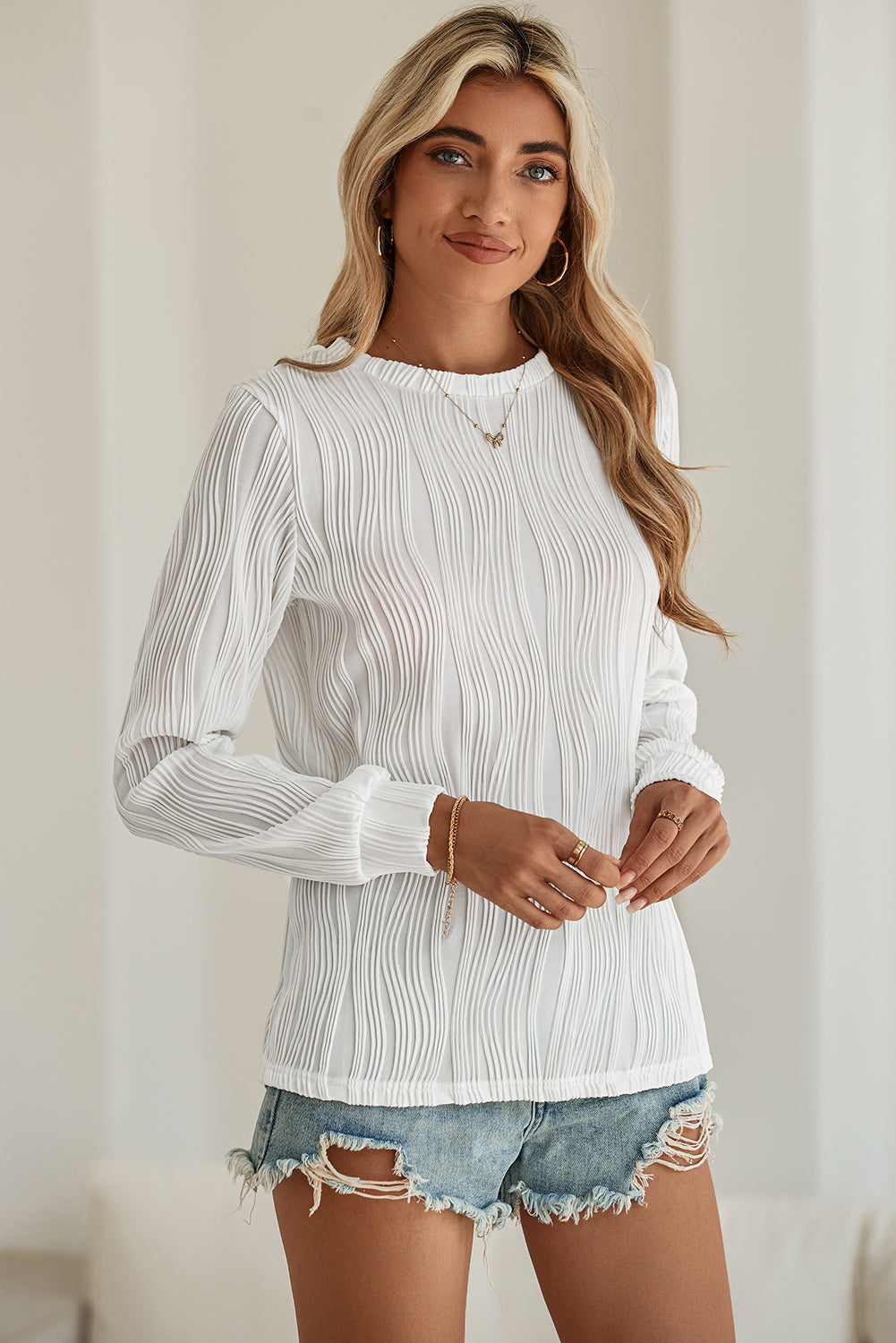 Blue Zone Planet | White Wavy Textured Solid Color Drop Shoulder Pullover Top-Long Sleeve Tops-[Adult]-[Female]-2022 Online Blue Zone Planet