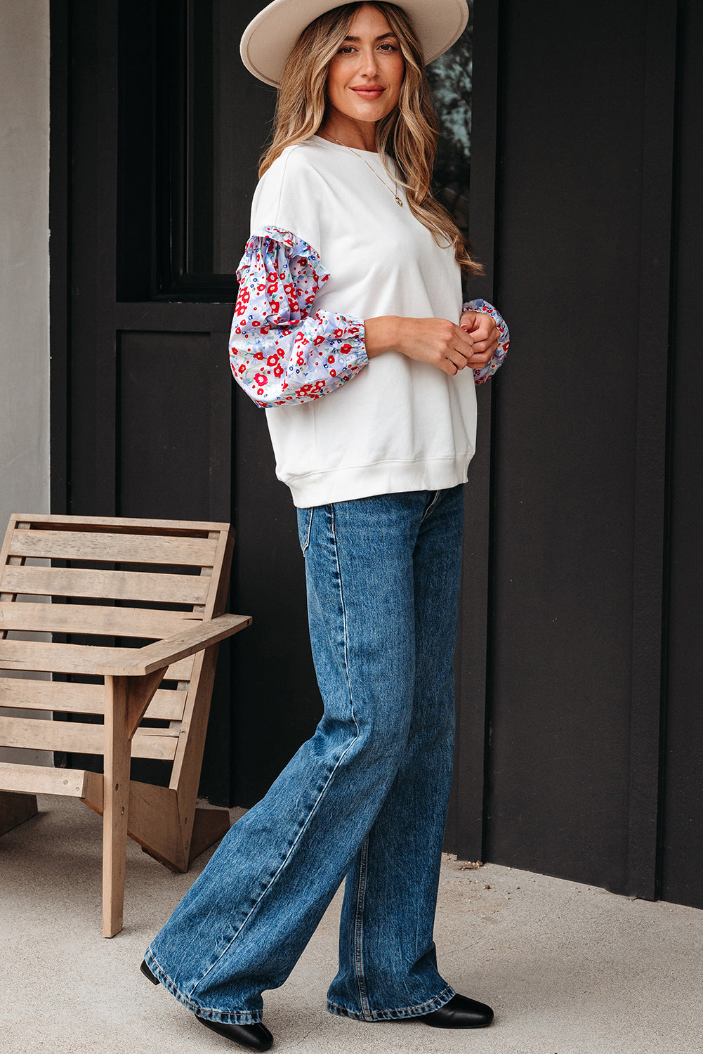 White Floral Ruffled Balloon Sleeve Patchwork Loose Blouse-Tops/Blouses & Shirts-[Adult]-[Female]-2022 Online Blue Zone Planet