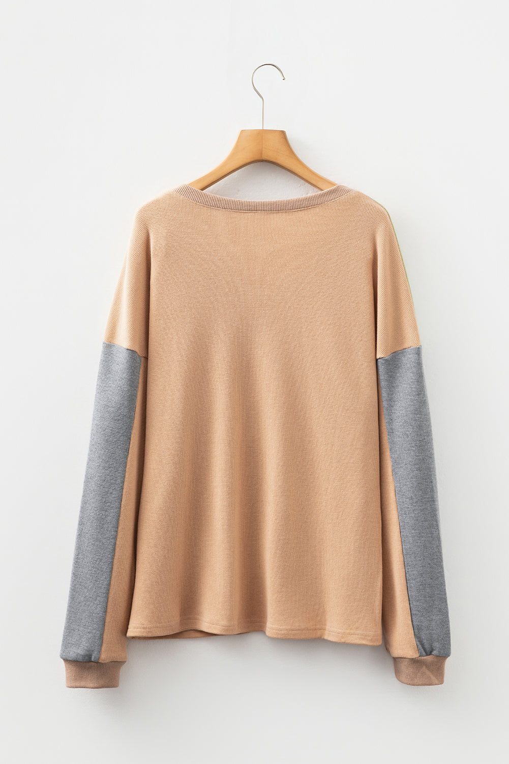 Buckskin Color Block Thermal Textured Knit Drop Shoulder Henley Top-Tops/Long Sleeve Tops-[Adult]-[Female]-2022 Online Blue Zone Planet