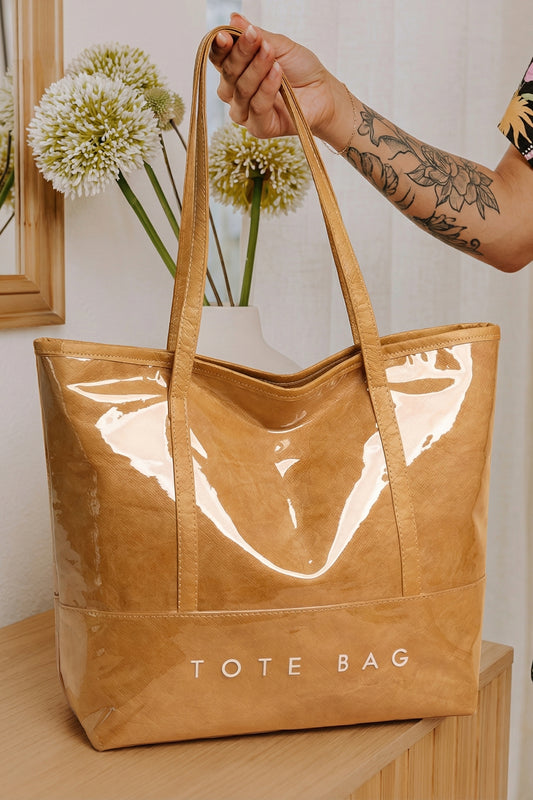 Camel Retro Letter Print Waterproof PVC Tote Bag-Shoes & Bags/Shoulder Bags-[Adult]-[Female]-Camel-ONE SIZE-2022 Online Blue Zone Planet