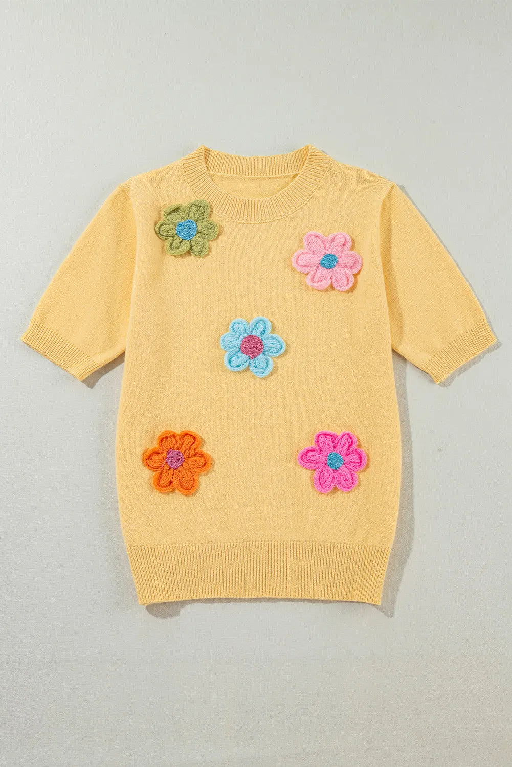 Blue Zone Planet | Flower Round Neck Short Sleeve Sweater-TOPS / DRESSES-[Adult]-[Female]-Pastel Yellow-XL-2022 Online Blue Zone Planet