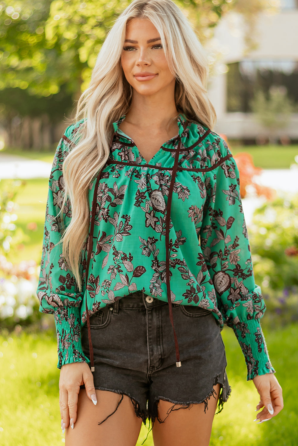 Green Leaves Print Contrast Trim V Neck Shirred Puff Sleeve Blouse-Tops/Blouses & Shirts-[Adult]-[Female]-2022 Online Blue Zone Planet
