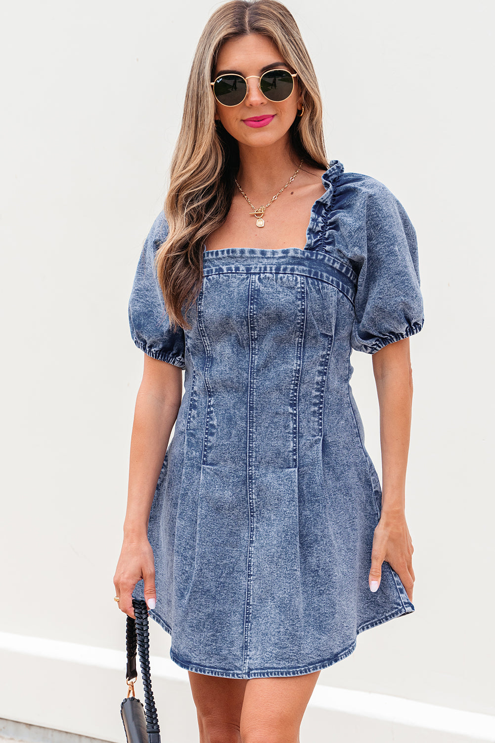 Blue Frilly Square Neck Bustier Puff Sleeve Short Denim Dress - Blue Blue Zone Planet Blue Frilly Square Neck Bustier Puff Sleeve Short Denim Dress - Blue Blue Zone Planet