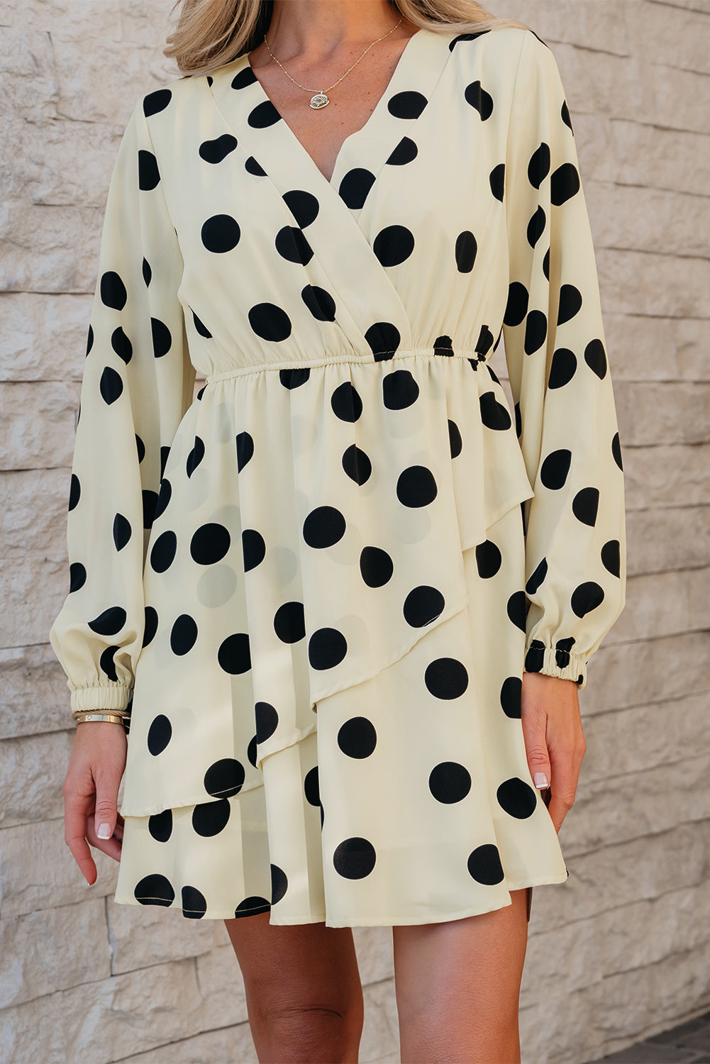Blue Zone Planet | Beige Polka Dot Printed Surplice V Neck Puff Sleeve Mini Dress-TOPS / DRESSES-[Adult]-[Female]-2022 Online Blue Zone Planet