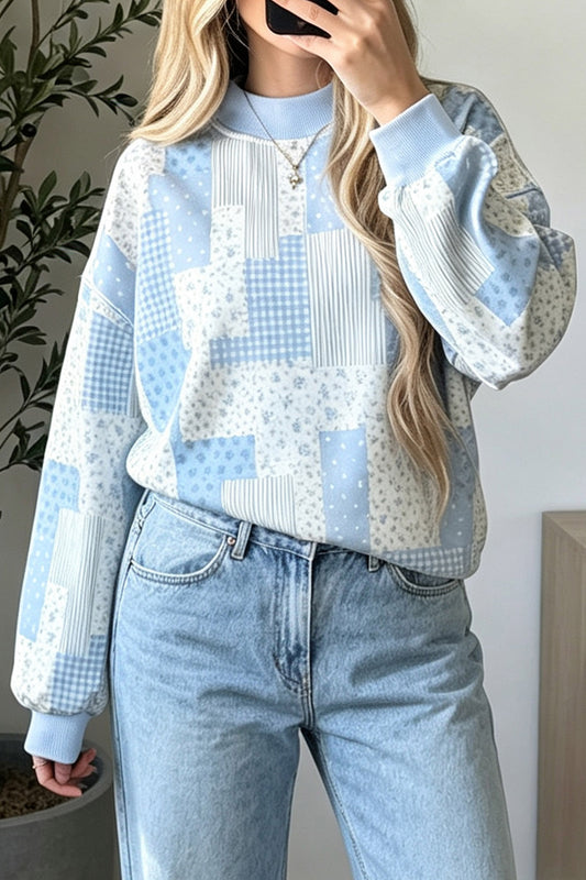 Sky Blue Patchwork Floral Print Mock Neck Long Sleeve Sweatshirt-Tops/Sweatshirts & Hoodies-[Adult]-[Female]-Sky Blue-S-2022 Online Blue Zone Planet