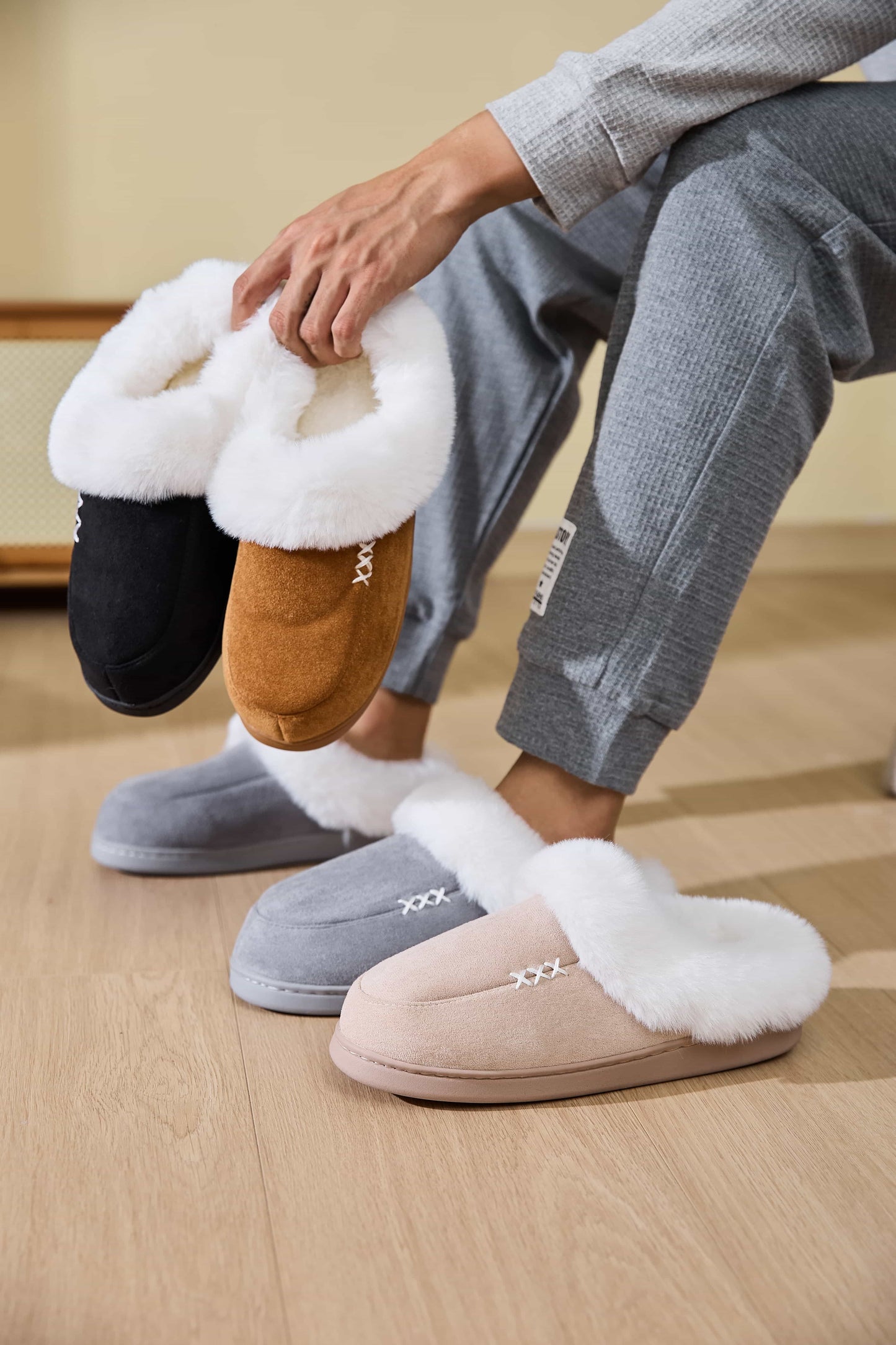 Fluff Trim Round Toe Flat Slippers-SLIPPERS-[Adult]-[Female]-2022 Online Blue Zone Planet