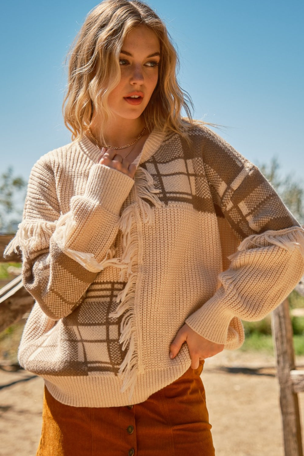 Blue Zone Planet | And The Why Plaid Pattern Color Block Fringe Sweater-TOPS / DRESSES-[Adult]-[Female]-SAND-S/M-2022 Online Blue Zone Planet