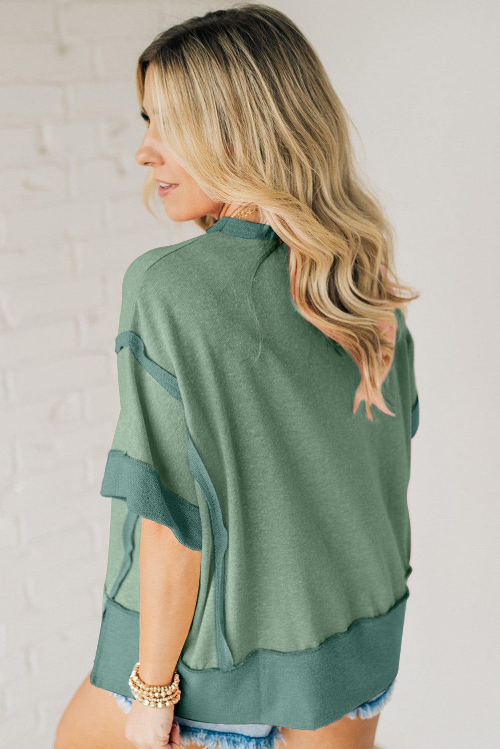Smoke Green Half Sleeve Raw Seam High Low Side Split Top-Tops/Tops & Tees-[Adult]-[Female]-2022 Online Blue Zone Planet