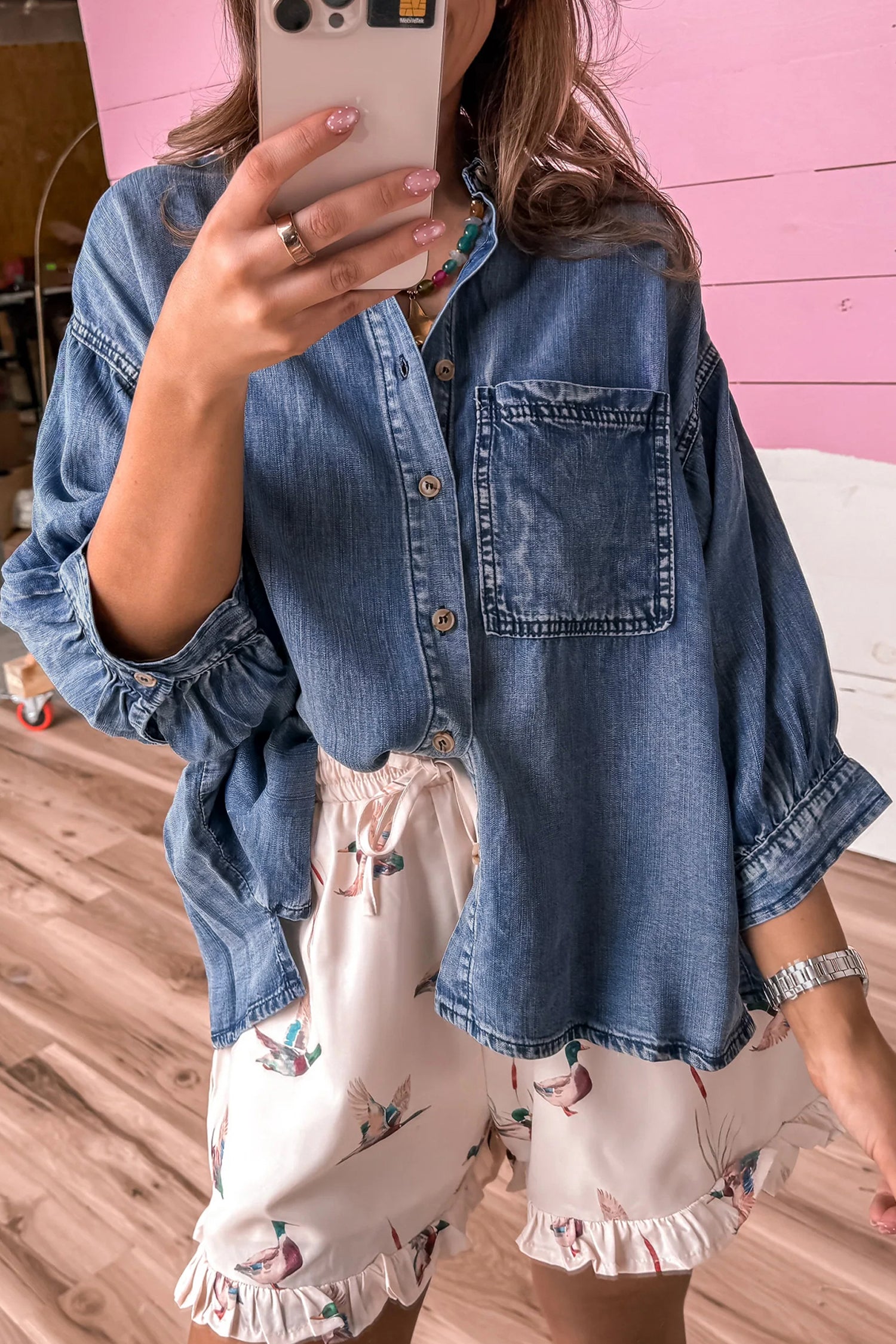 Dusk Blue Three Quarter Sleeve Button Front Loose Denim Shirt-Tops/Blouses & Shirts-[Adult]-[Female]-2022 Online Blue Zone Planet